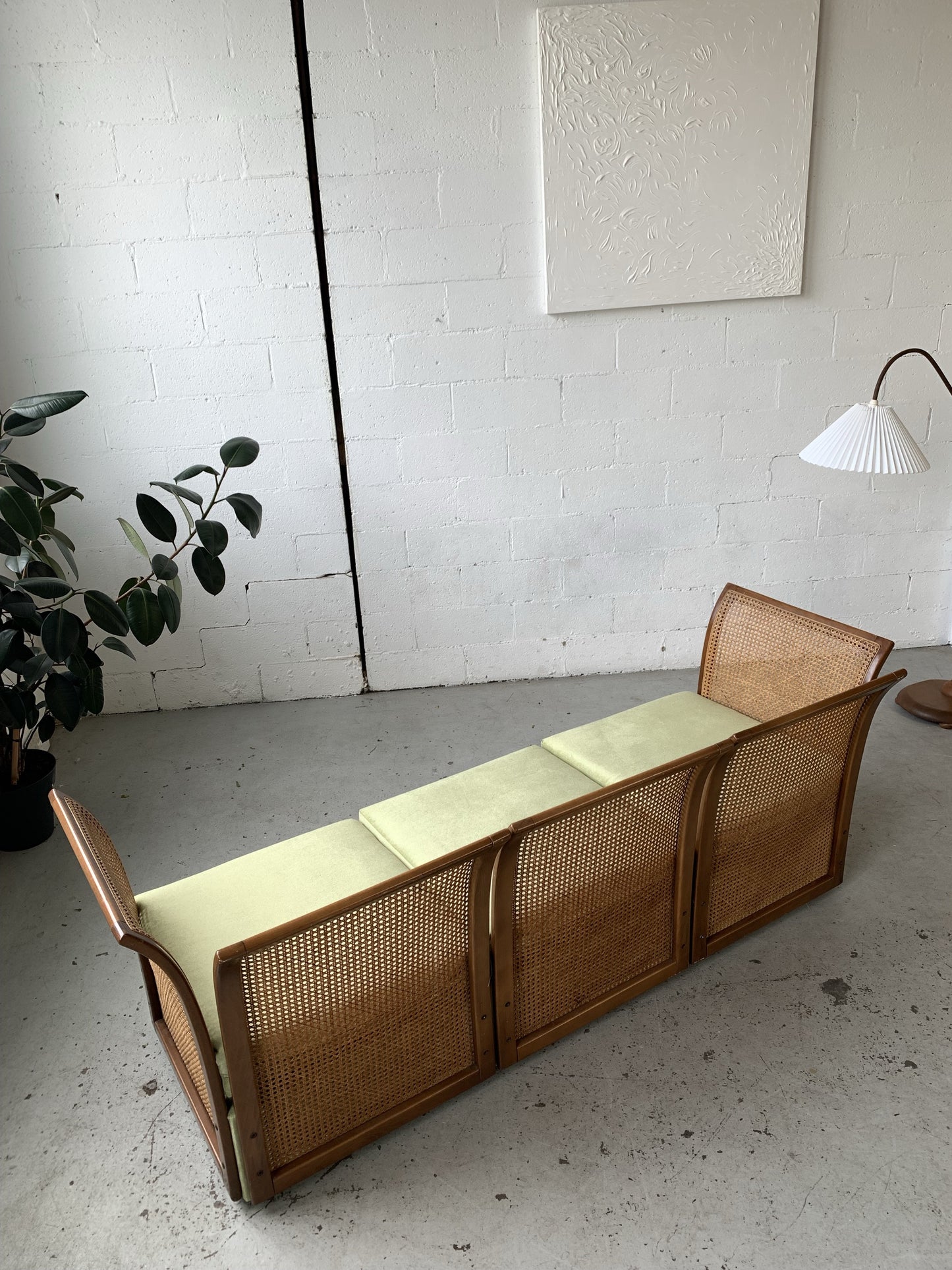 Refurbished Velvet & Rattan Sofa, Circa 1960-70