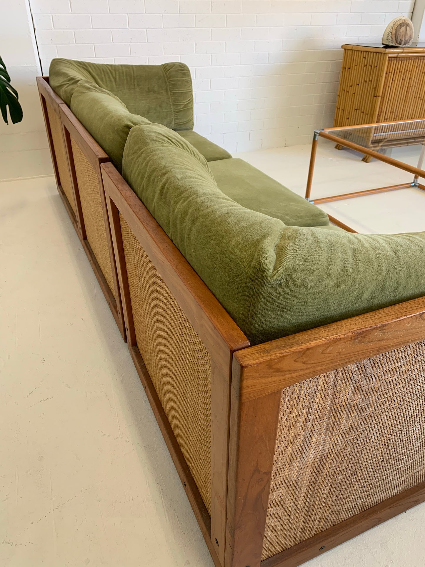 Vintage Parker Rattan and Velvet Modular Sofa