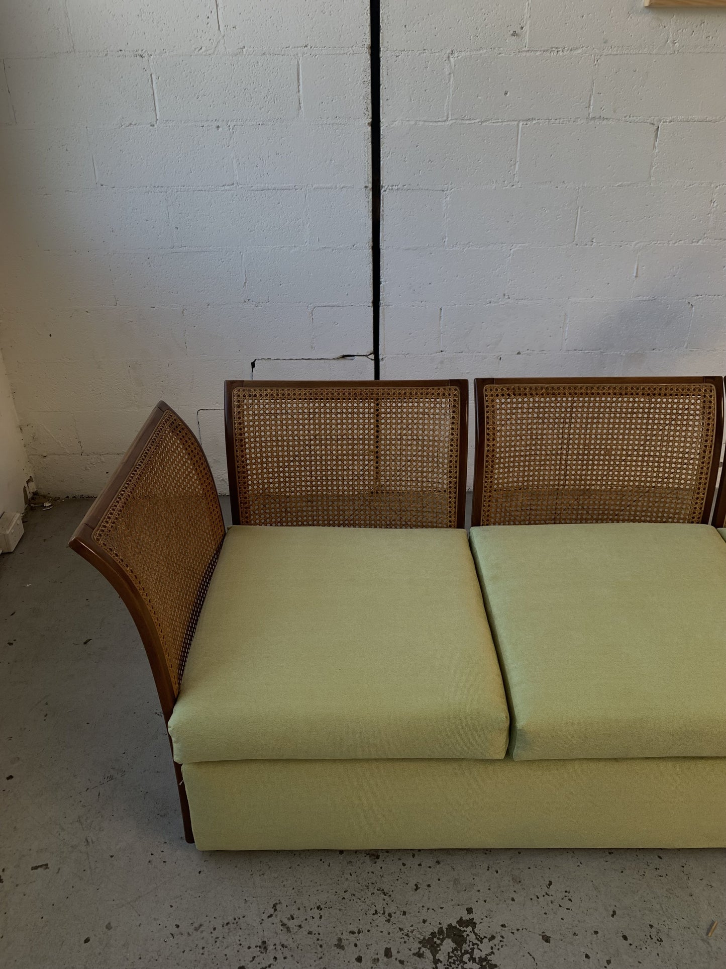 Refurbished Velvet & Rattan Sofa, Circa 1960-70