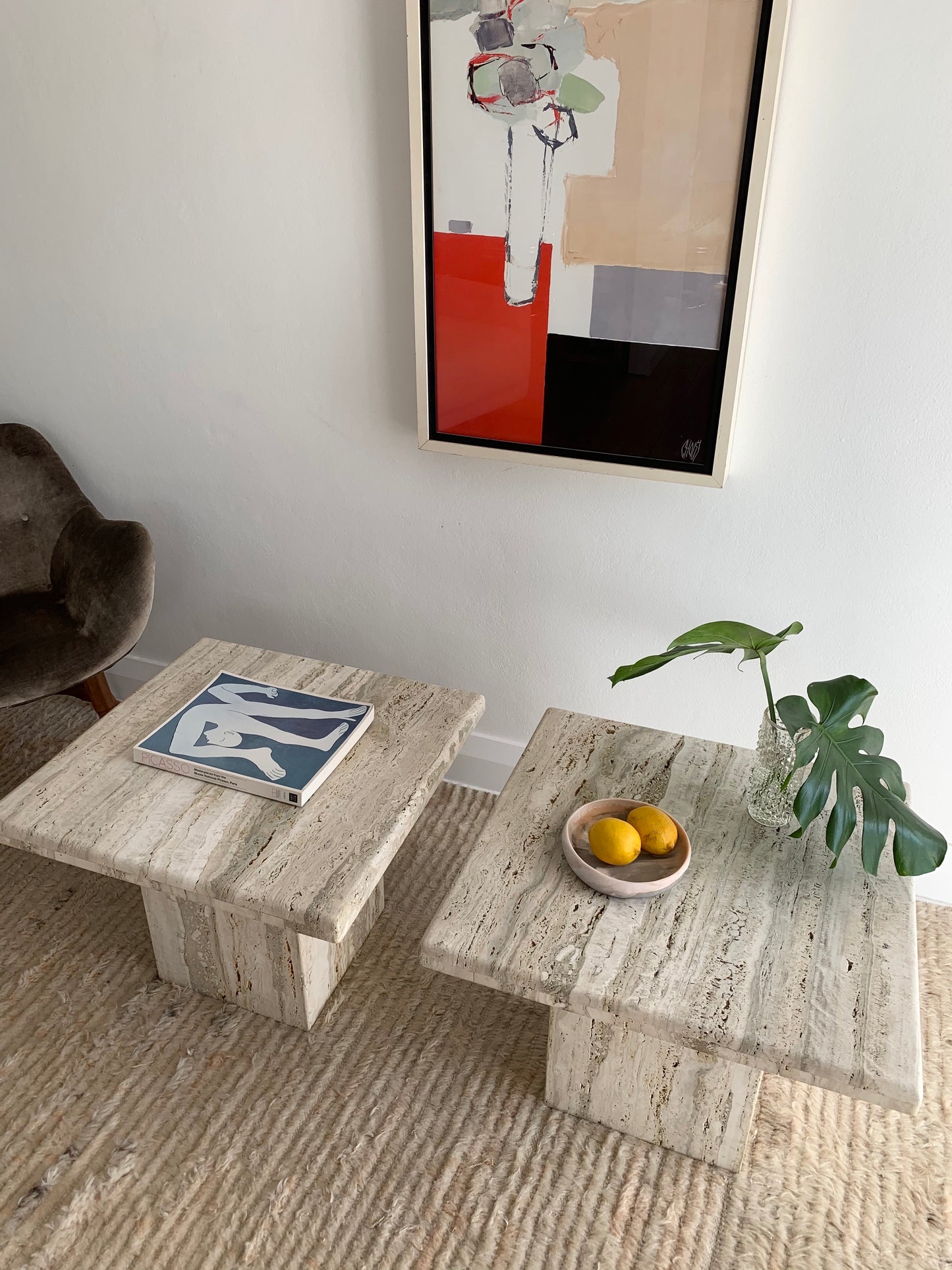 Vintage Unfilled Travertine Side Tables