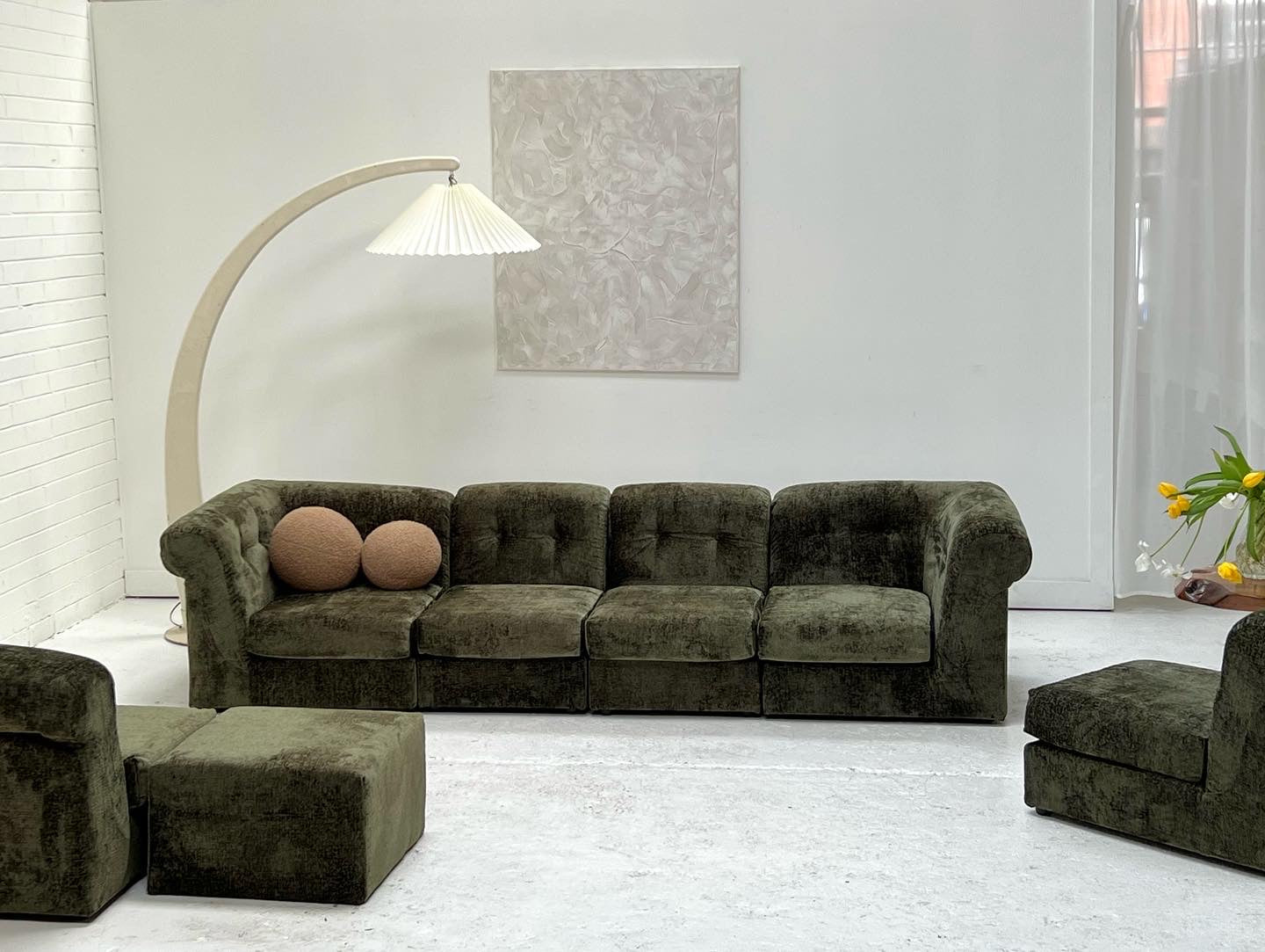 - Bespoke VandeRoza Green Chenille Modular Sofa - Seven Piece Set