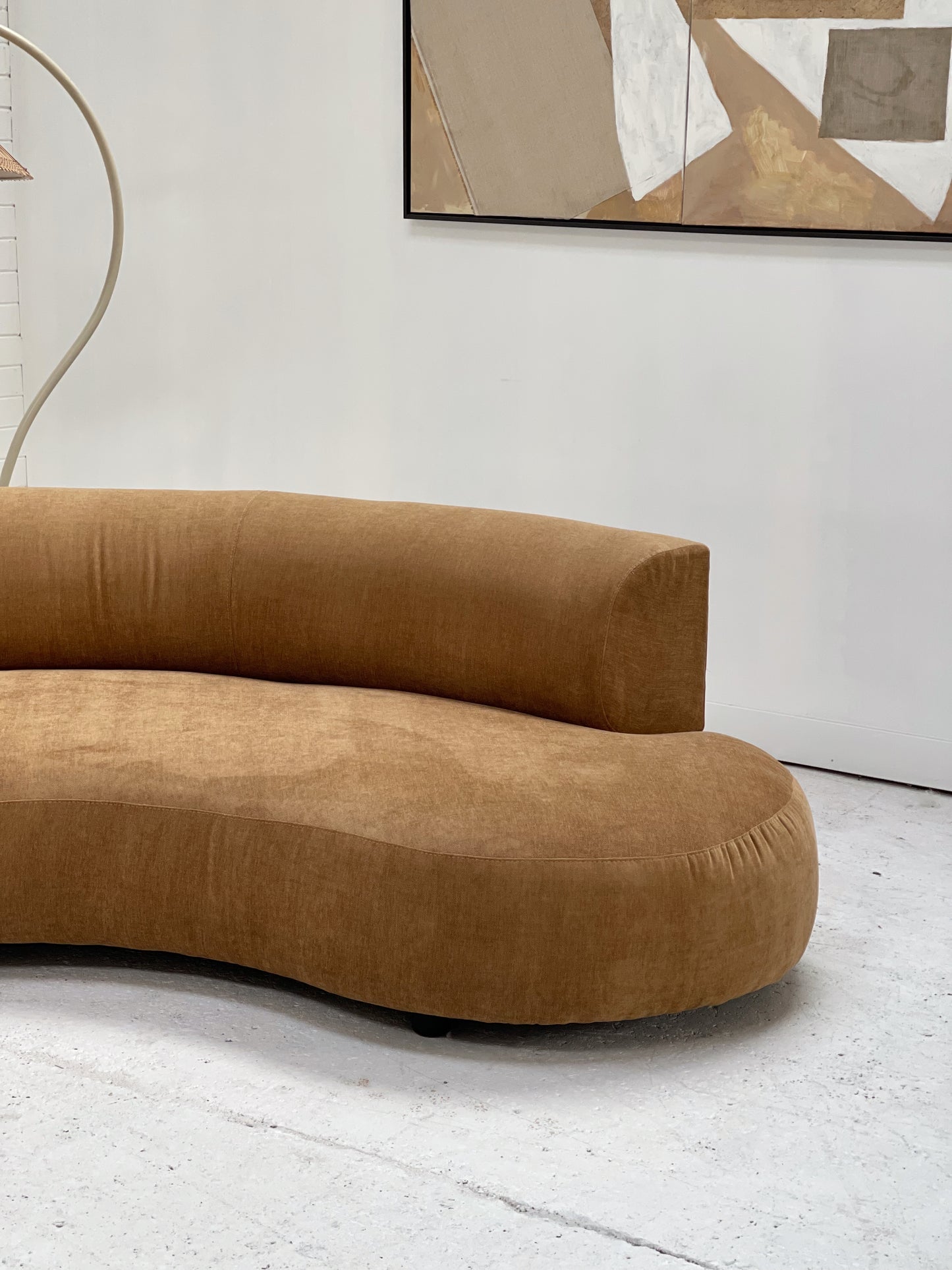 Curved Dark Caramel Chambray Velvet Sofa