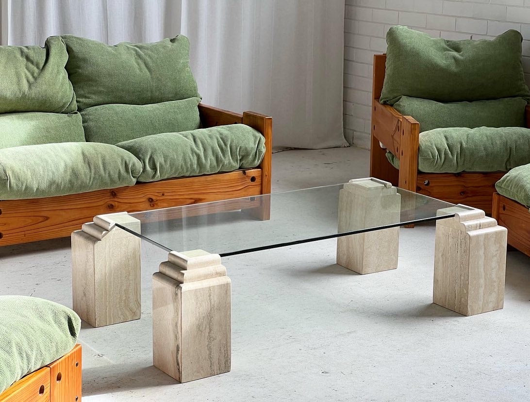 Vintage Glass & Travertine Coffee Table