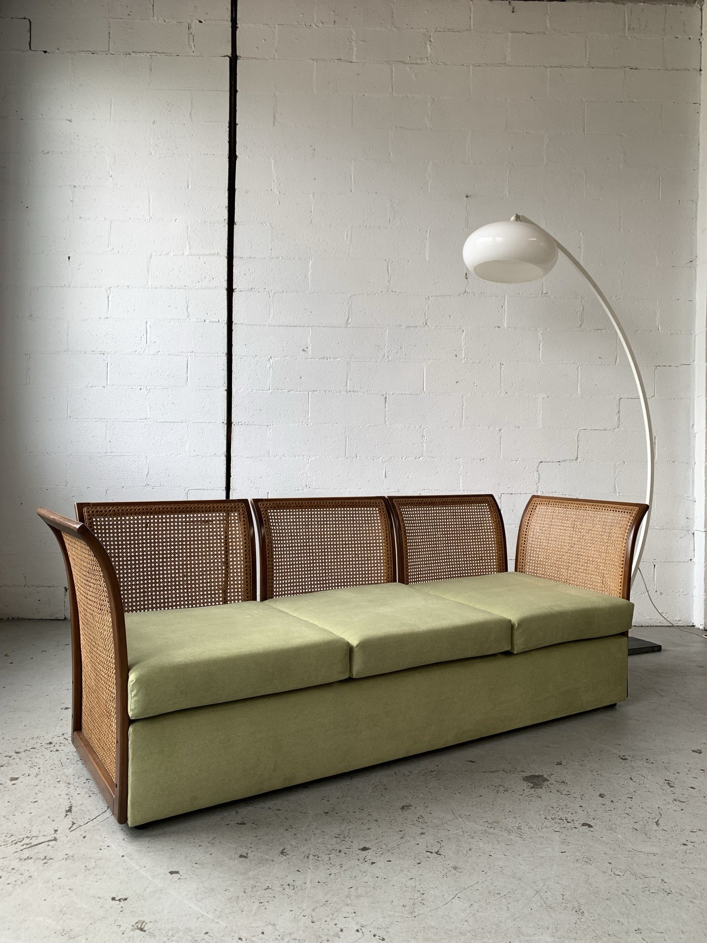 Refurbished Velvet & Rattan Sofa, Circa 1960-70