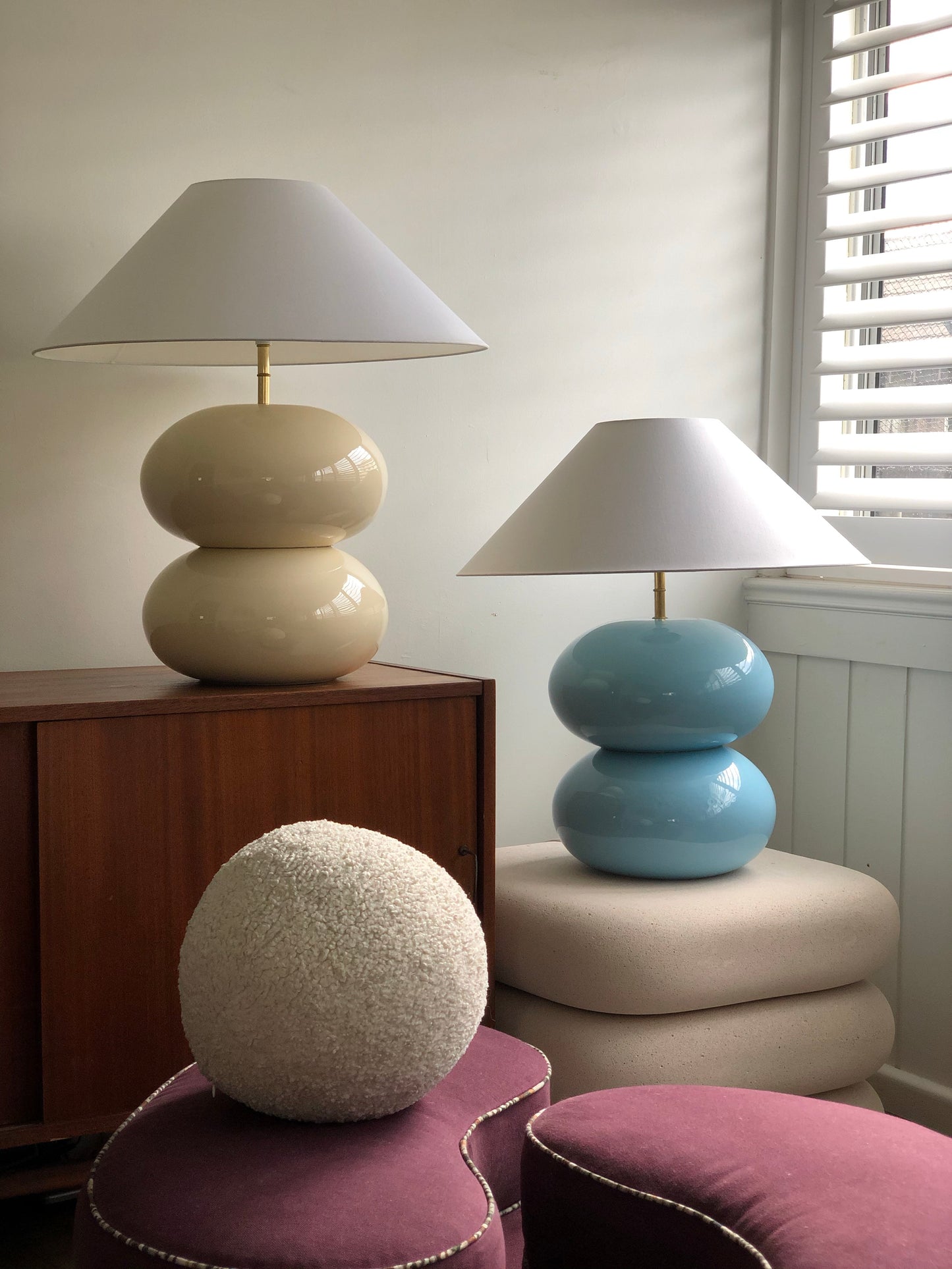 Powder Blue Double Bubble Lamp with White Conical Shade