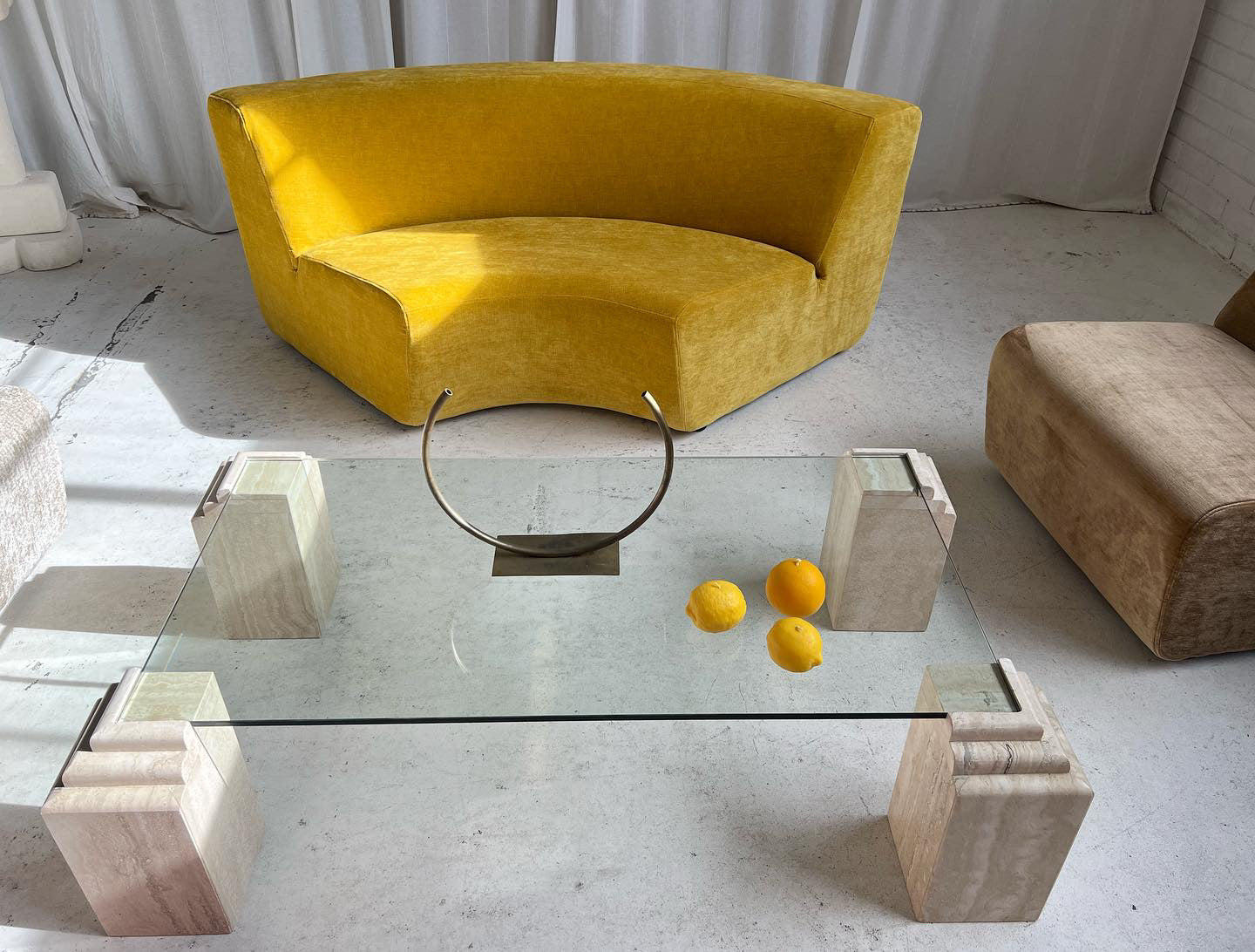 Vintage Glass & Travertine Coffee Table