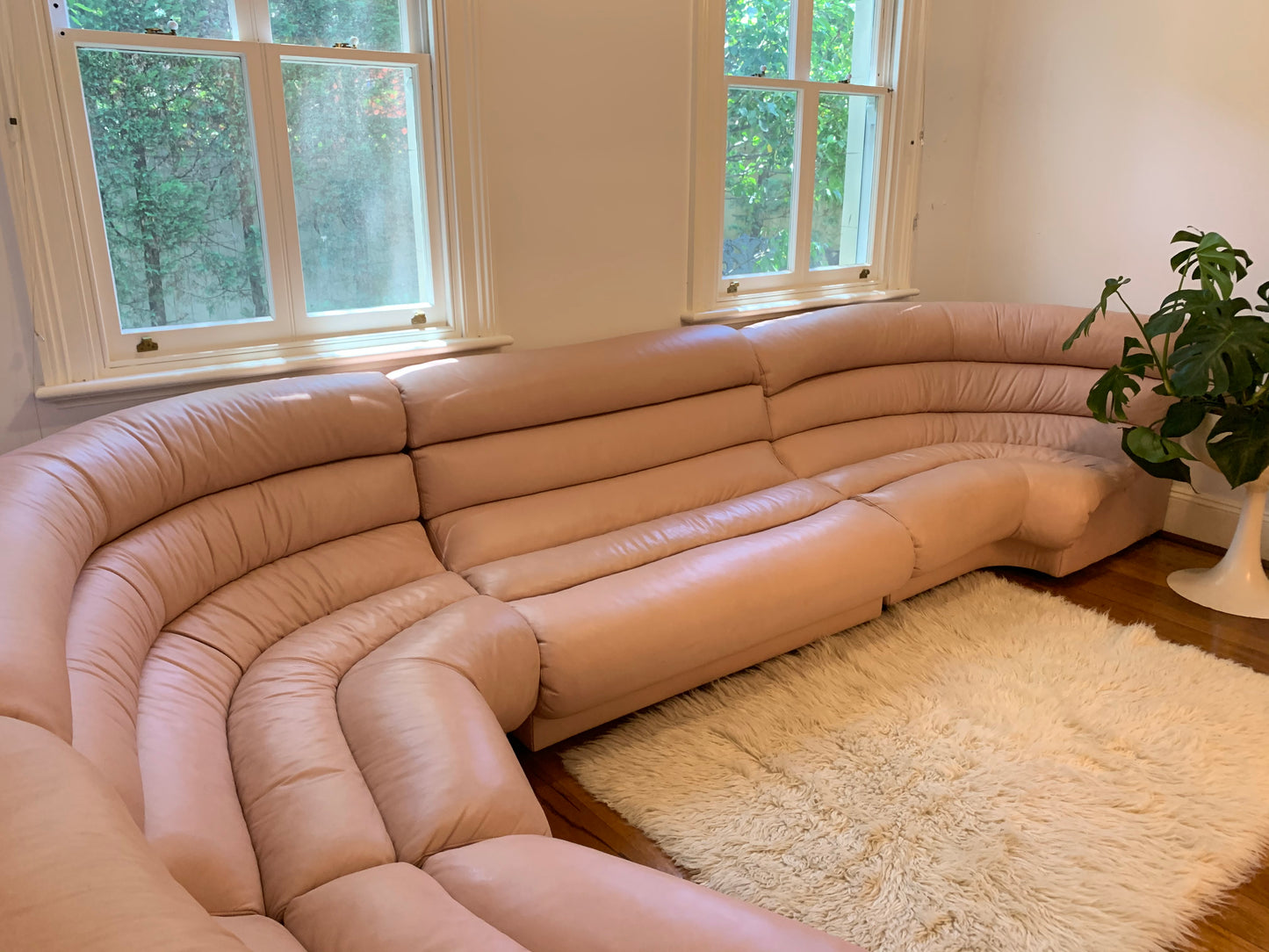 Vintage Modular Curved Blush Pink Leather Sofa