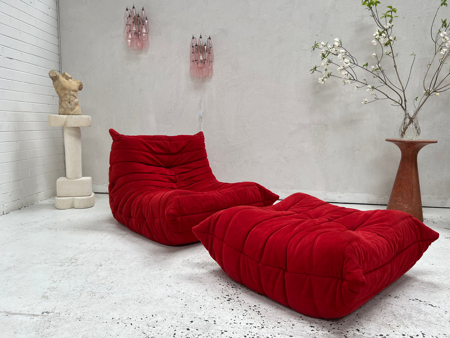 Vintage Ligne Roset Togo Fireside & Ottoman Set - Red Suede