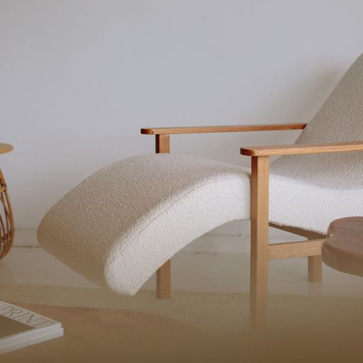 Sculptural Boucle & Wooden Chaise Lounge Chair