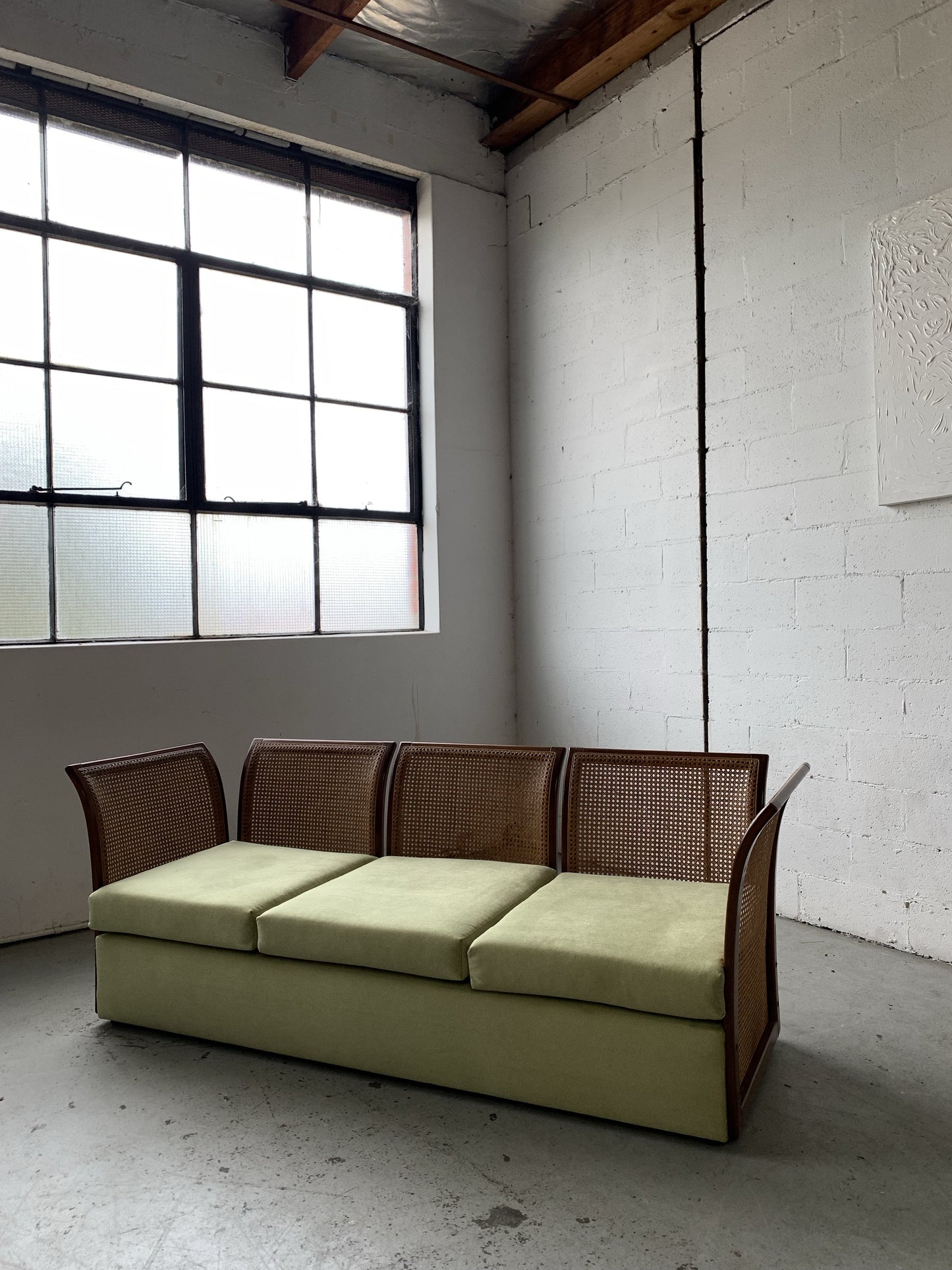 Refurbished Velvet & Rattan Sofa, Circa 1960-70