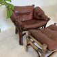 Vintage Cane and Leather Armchair + Ottoman