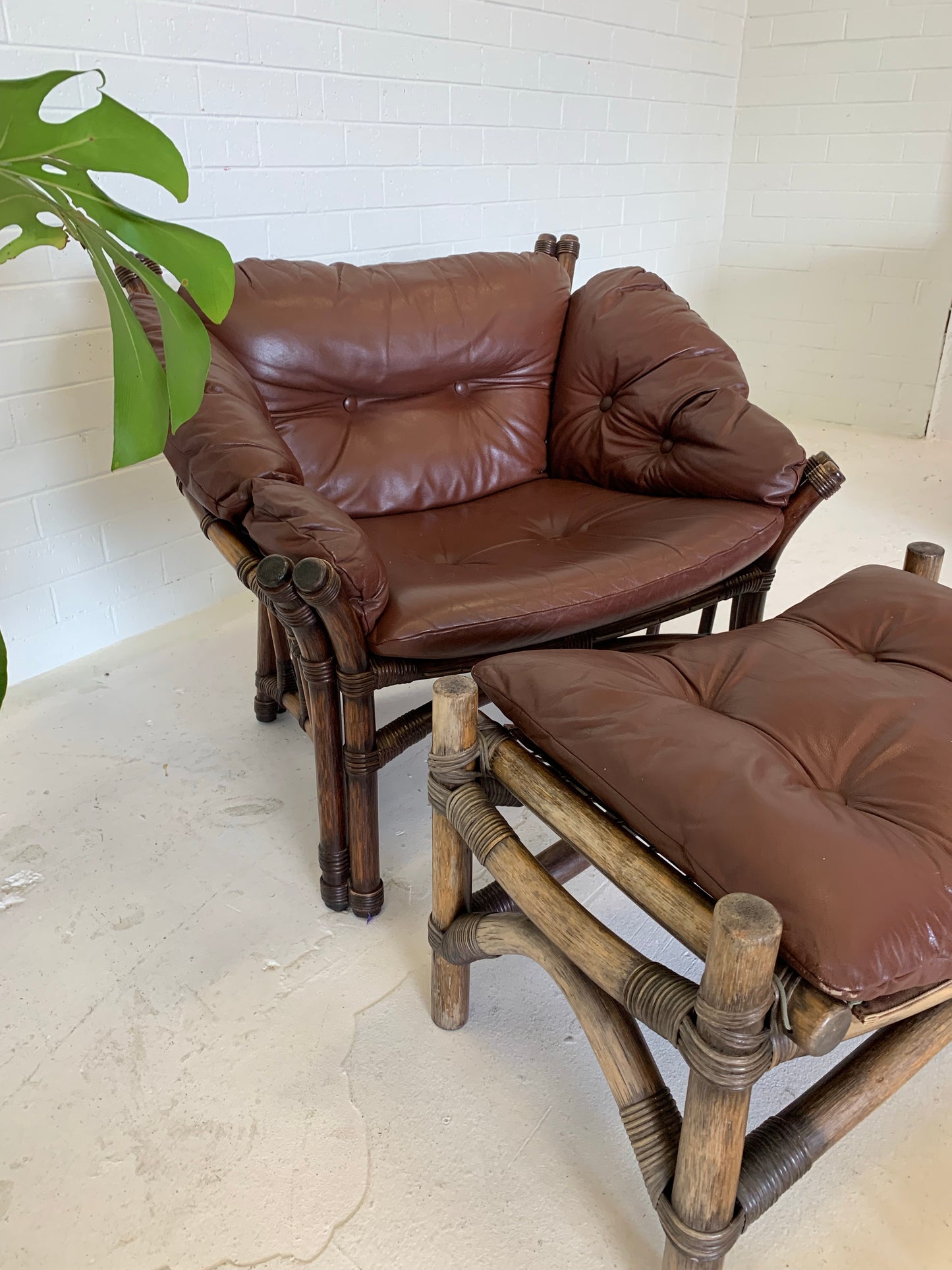 Vintage Cane and Leather Armchair + Ottoman
