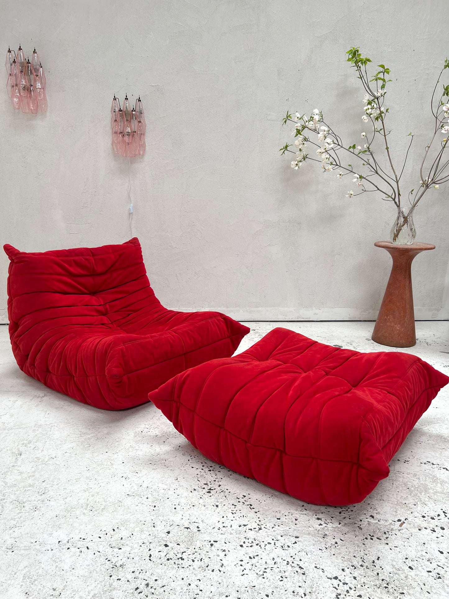 Vintage Ligne Roset Togo Fireside & Ottoman Set - Red Suede