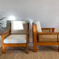 Pine and Rattan Boucle Armchair - Two Available