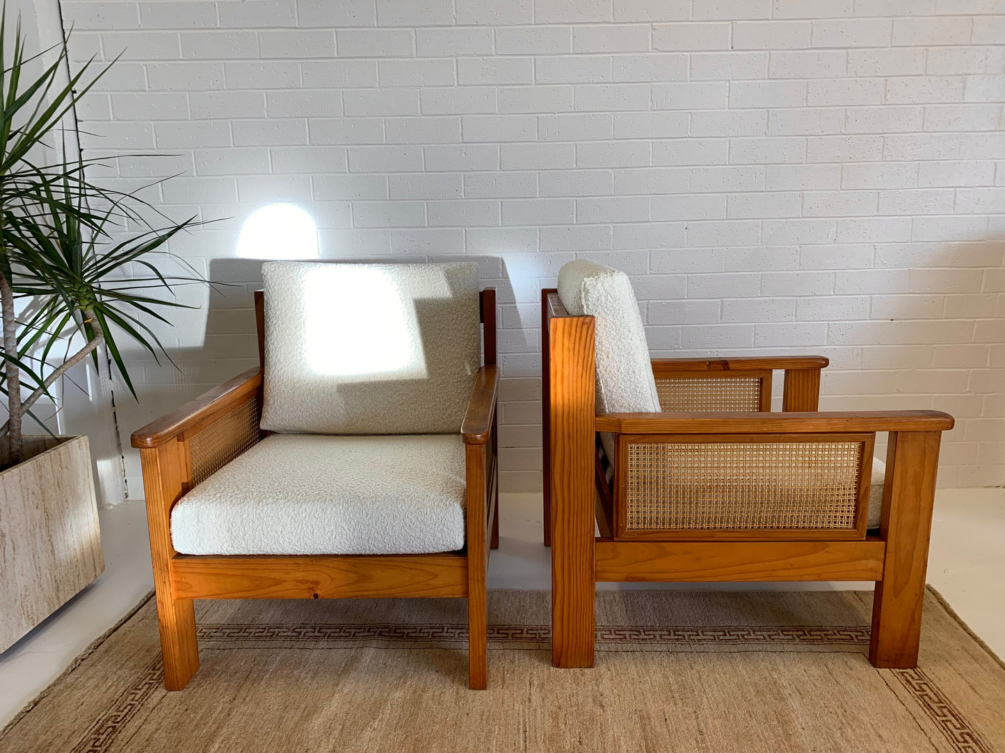 Pine and Rattan Boucle Armchair - Two Available