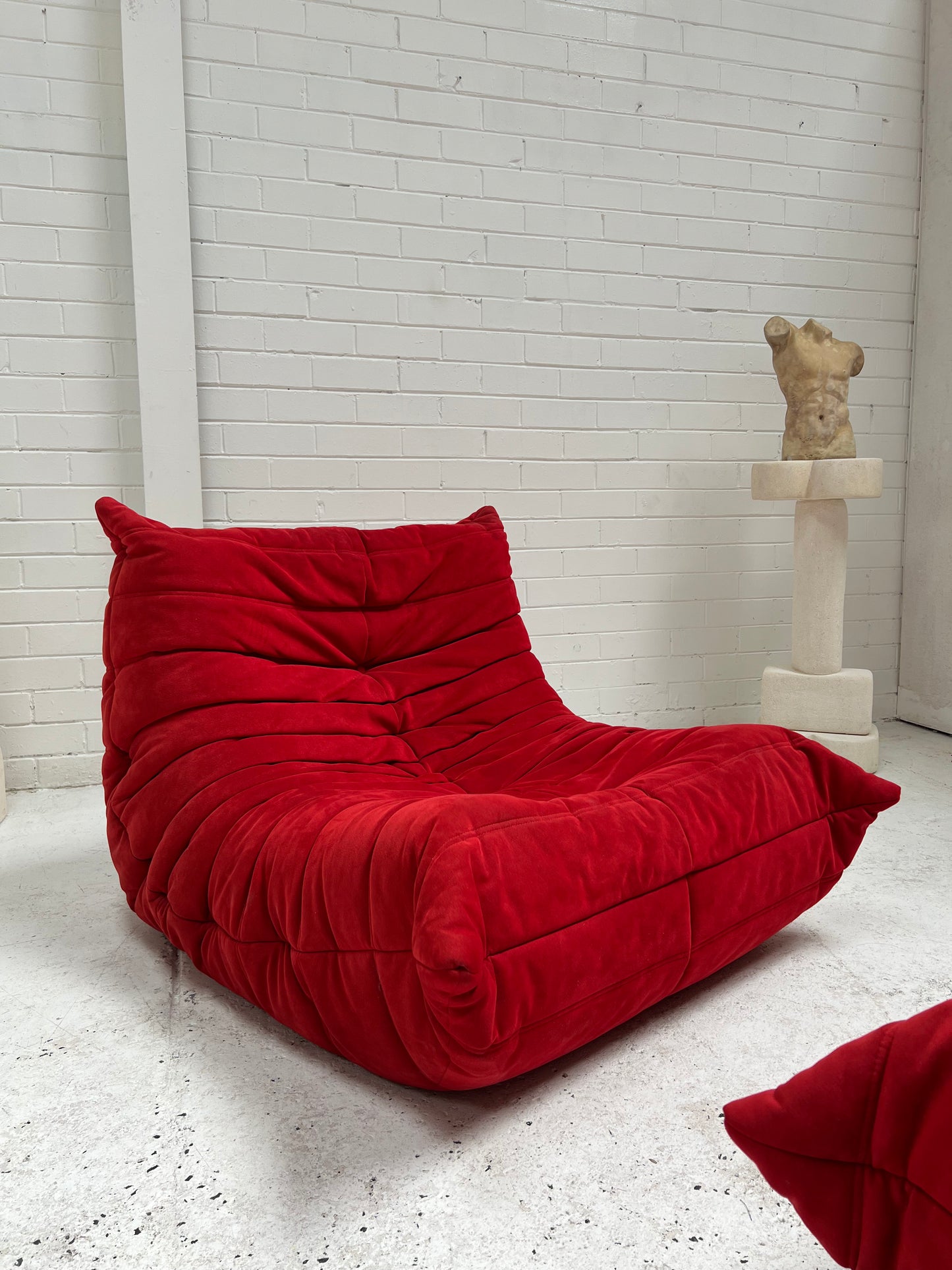 Vintage Ligne Roset Togo Fireside & Ottoman Set - Red Suede