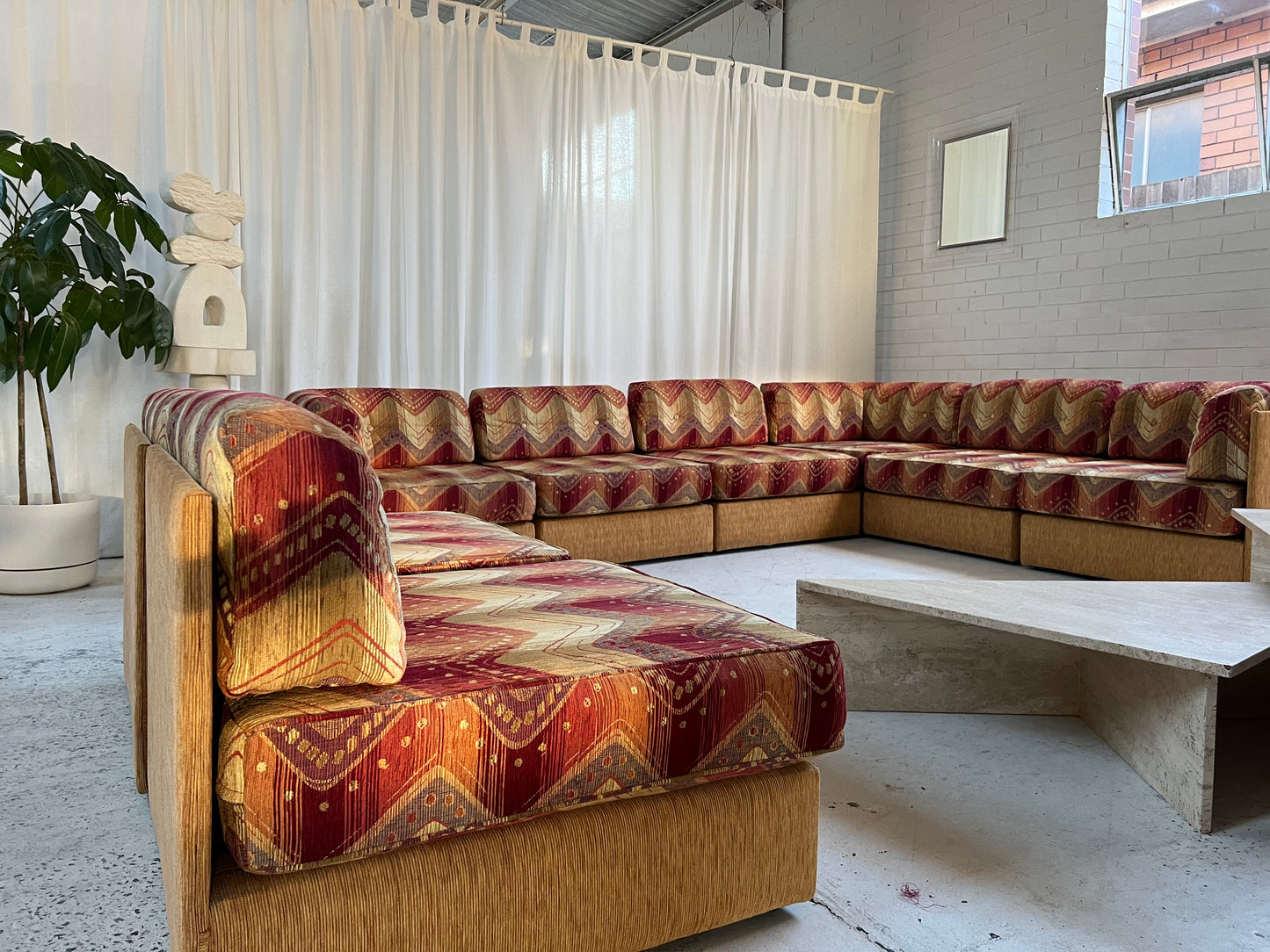Vintage 9 Piece Geometric Corduroy Modular Sofa & Ottoman (Set)