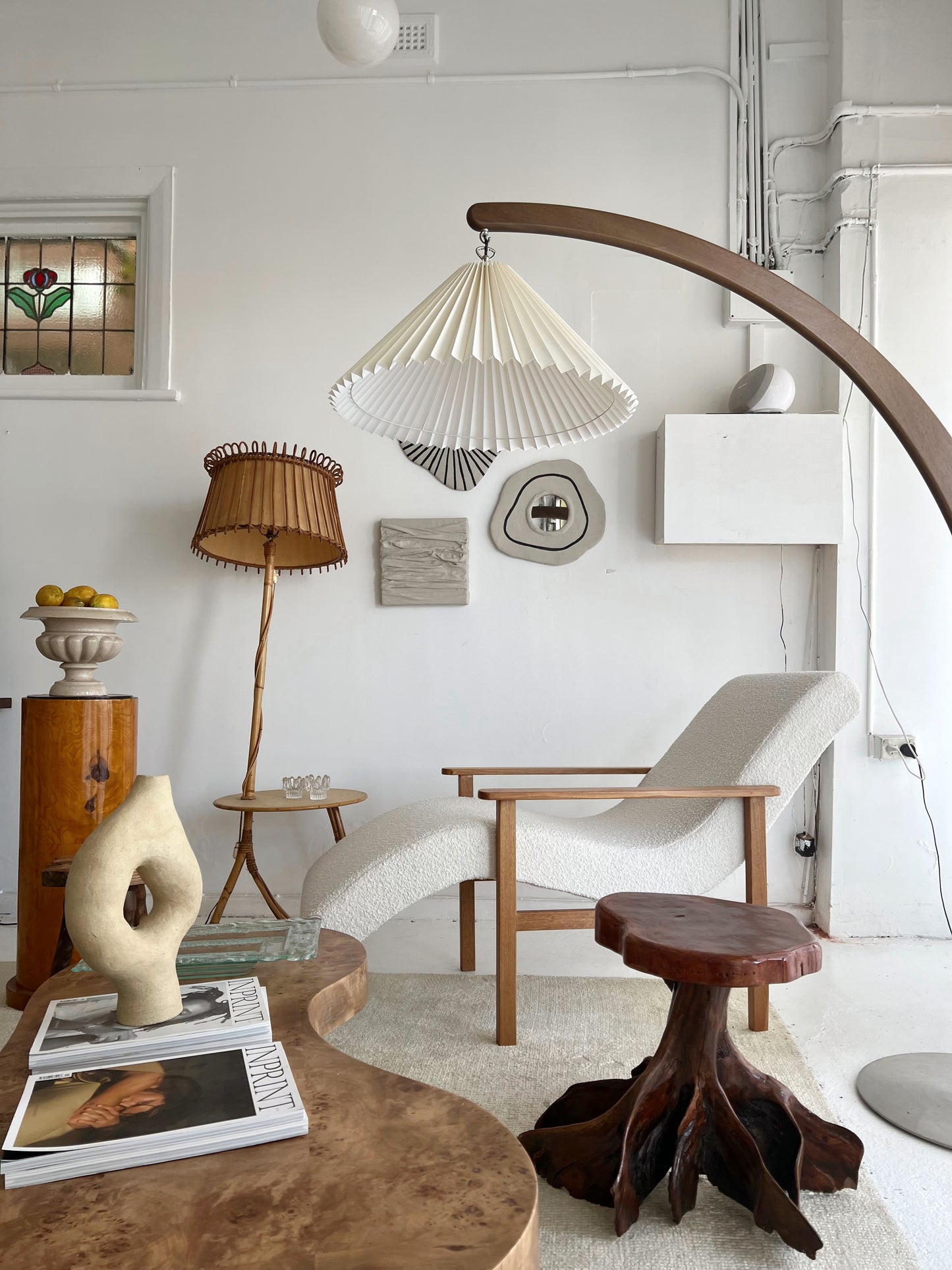 Sculptural Boucle & Wooden Chaise Lounge Chair