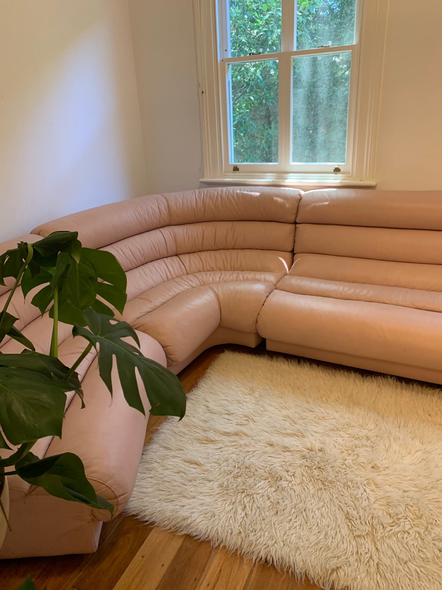 Vintage Modular Curved Blush Pink Leather Sofa
