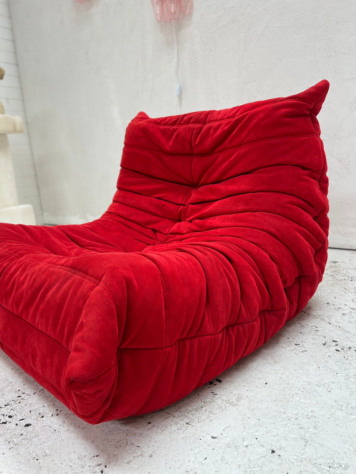 Vintage Ligne Roset Togo Fireside & Ottoman Set - Red Suede