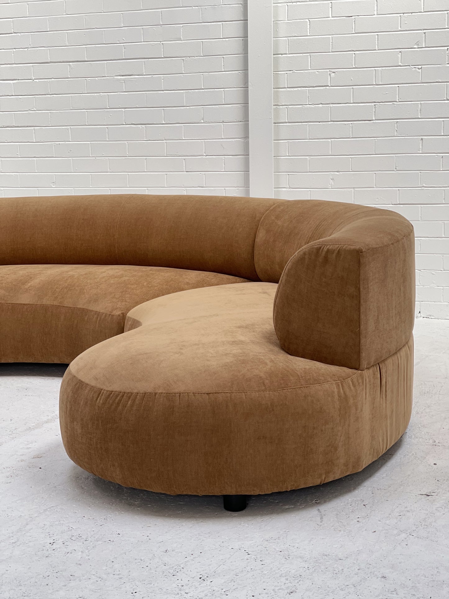 Curved Dark Caramel Chambray Velvet Sofa