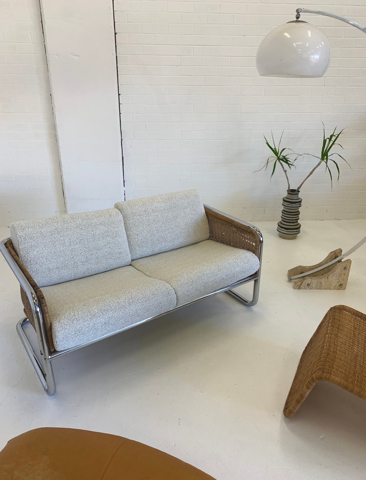 Fabulous Vintage Wicker and Chrome Cantilever Tub Lounge by Martin Visser. Circa 1970’s