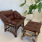 Vintage Cane and Leather Armchair + Ottoman