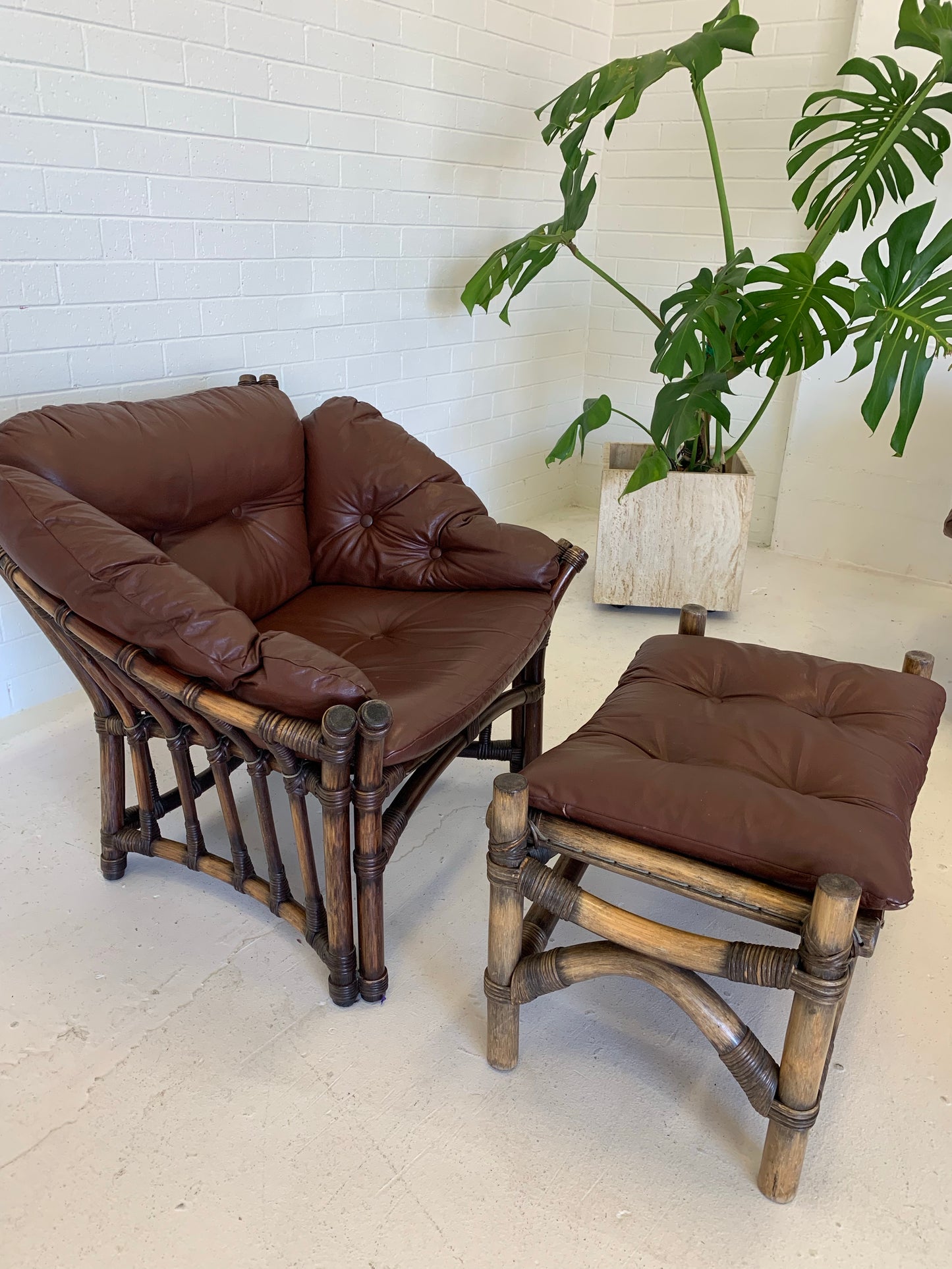 Vintage Cane and Leather Armchair + Ottoman