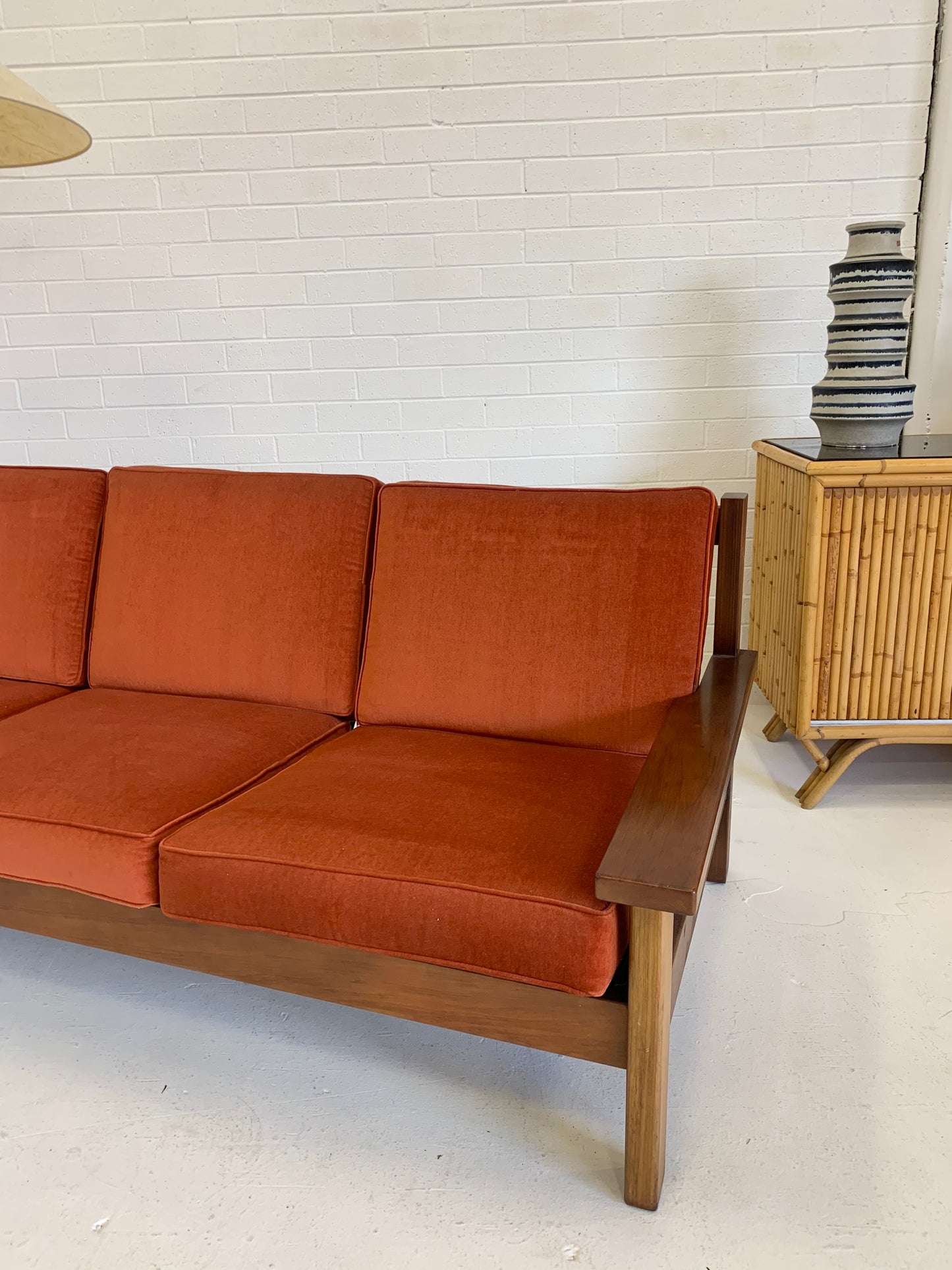 Mid Century Rust Velvet Plank Sofa