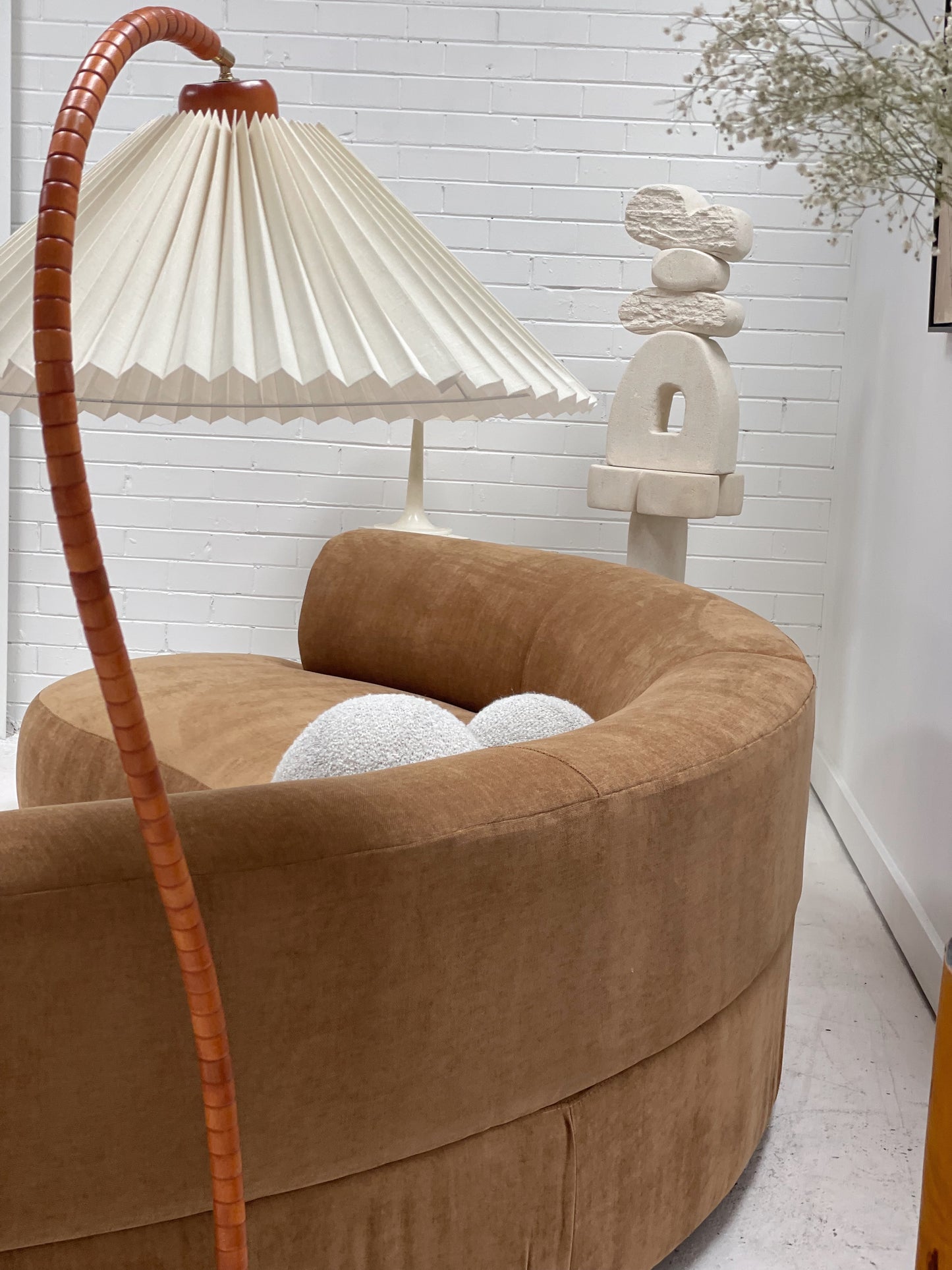Curved Dark Caramel Chambray Velvet Sofa