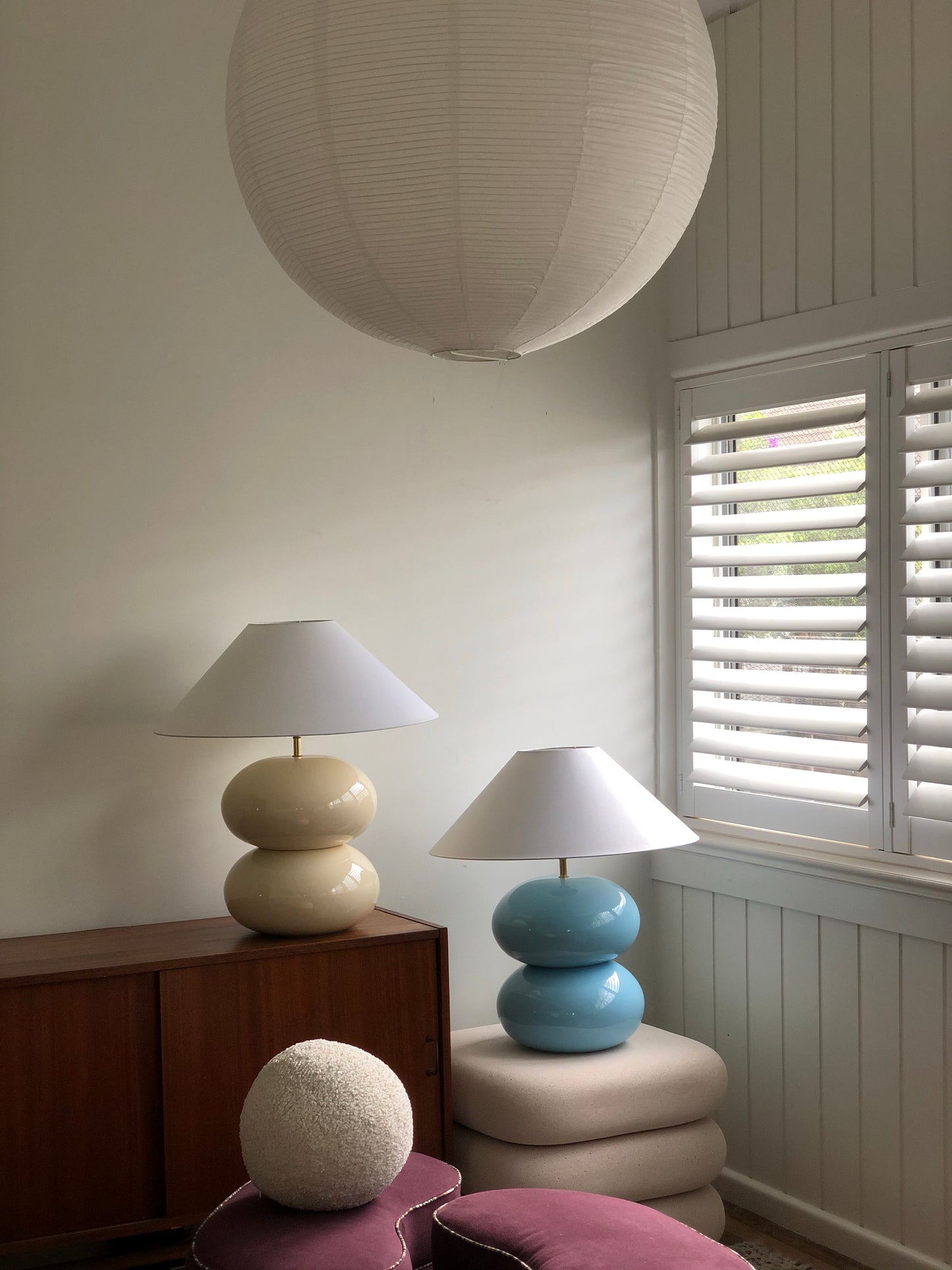 Powder Blue Double Bubble Lamp with White Conical Shade