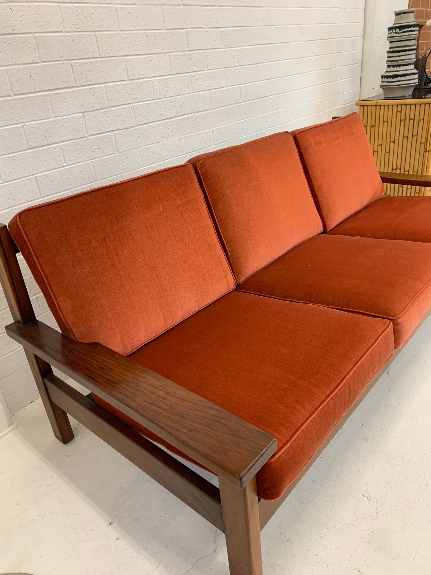Mid Century Rust Velvet Plank Sofa