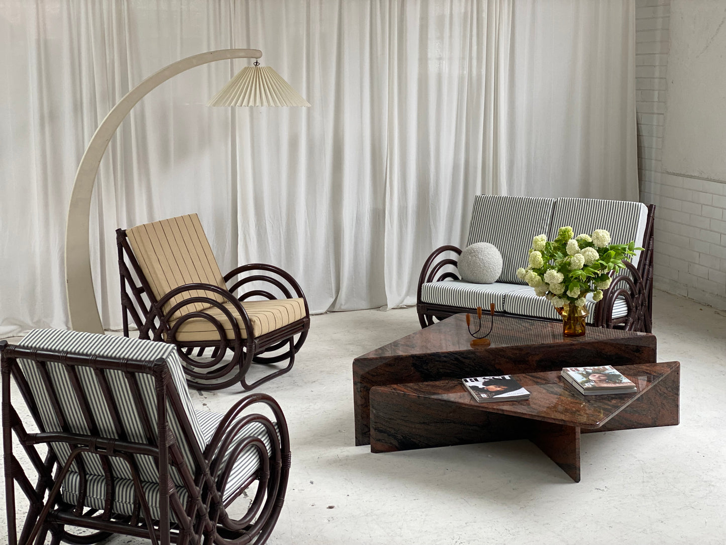 Vintage Dark Bamboo Armchair - Coffee Stripe