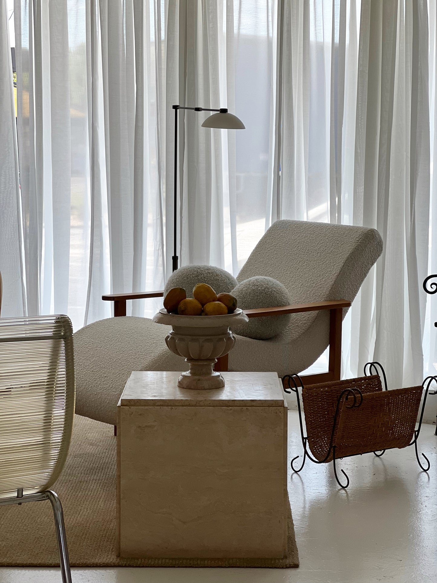 Sculptural Boucle & Wooden Chaise Lounge Chair