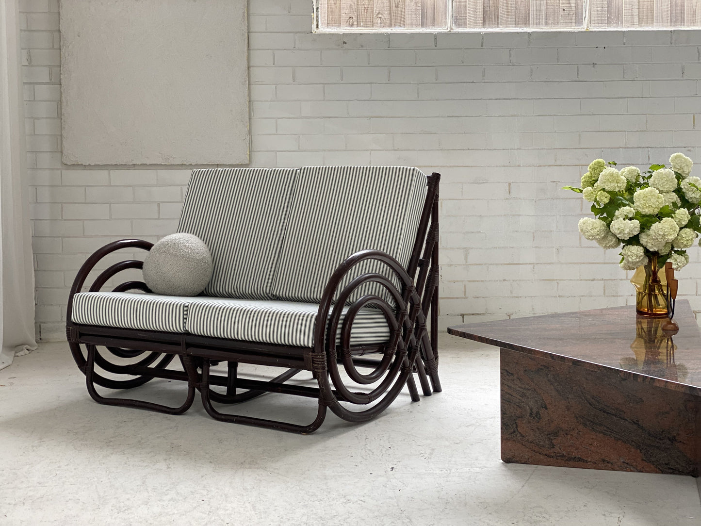 Vintage Dark Bamboo Armchair - Coffee Stripe