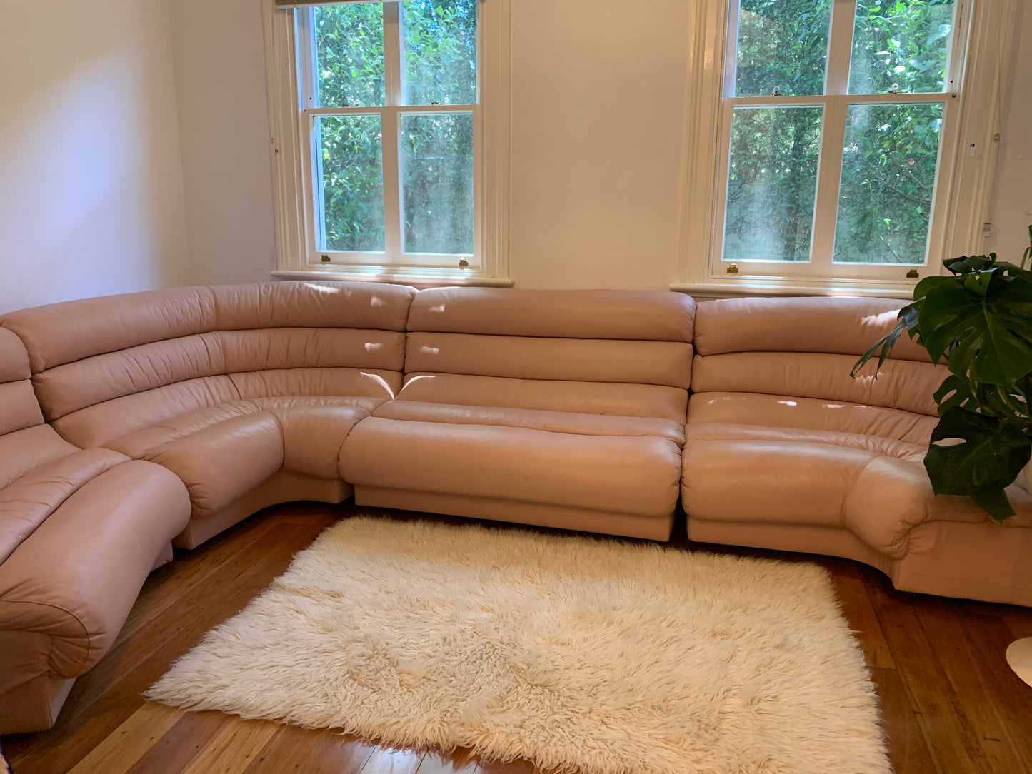 Vintage Modular Curved Blush Pink Leather Sofa