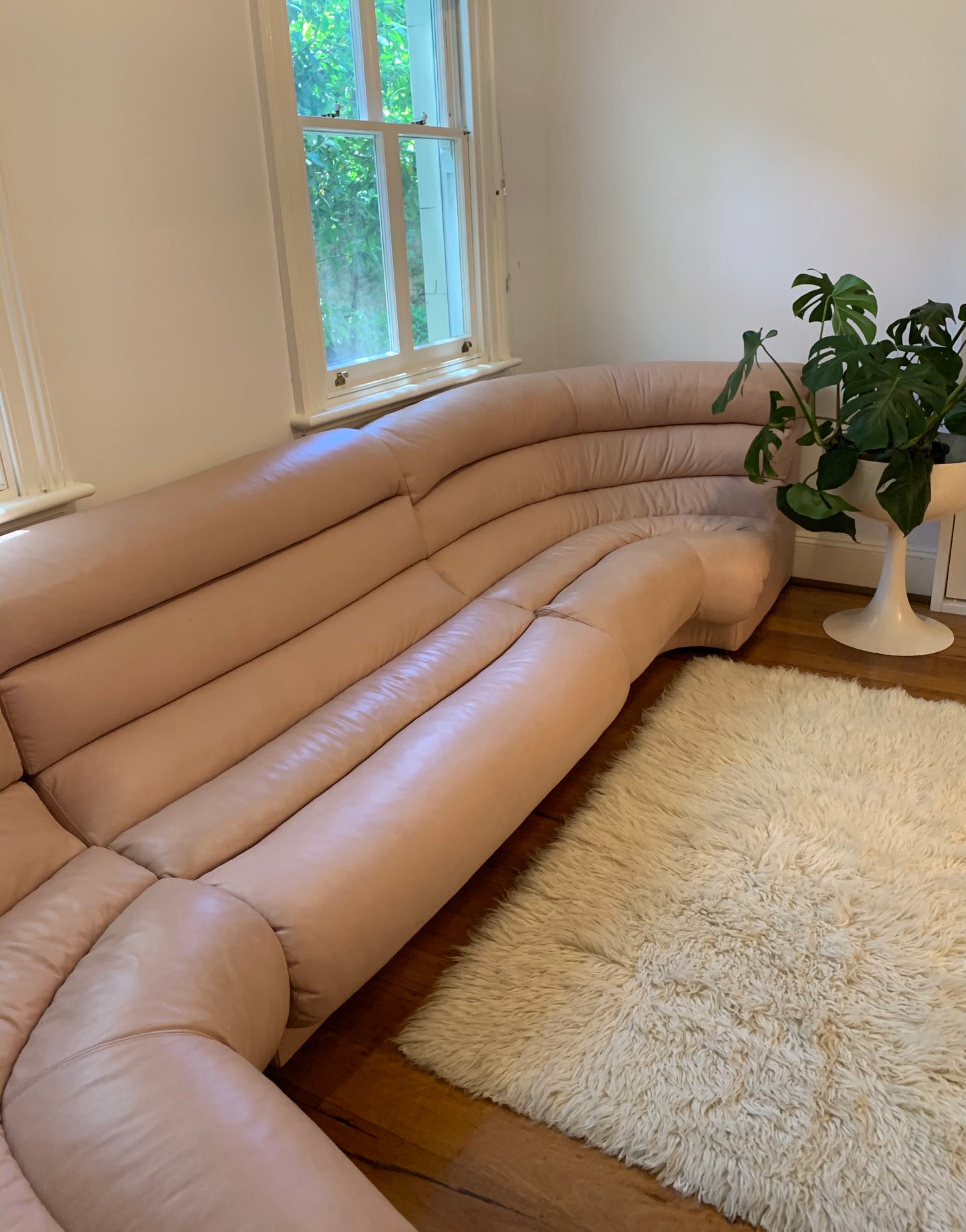 Vintage Modular Curved Blush Pink Leather Sofa