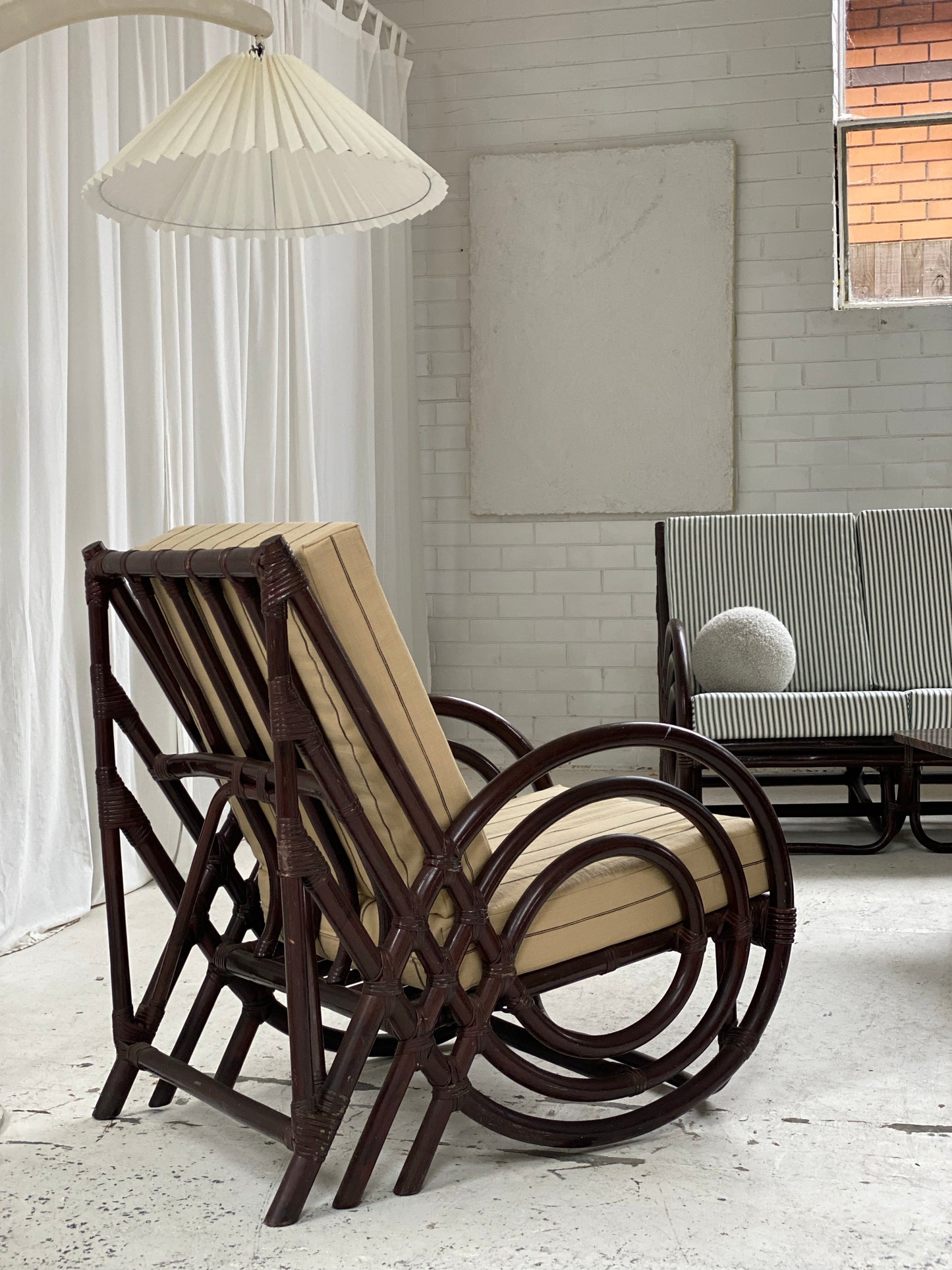 Vintage Dark Bamboo Armchair - Coffee Stripe