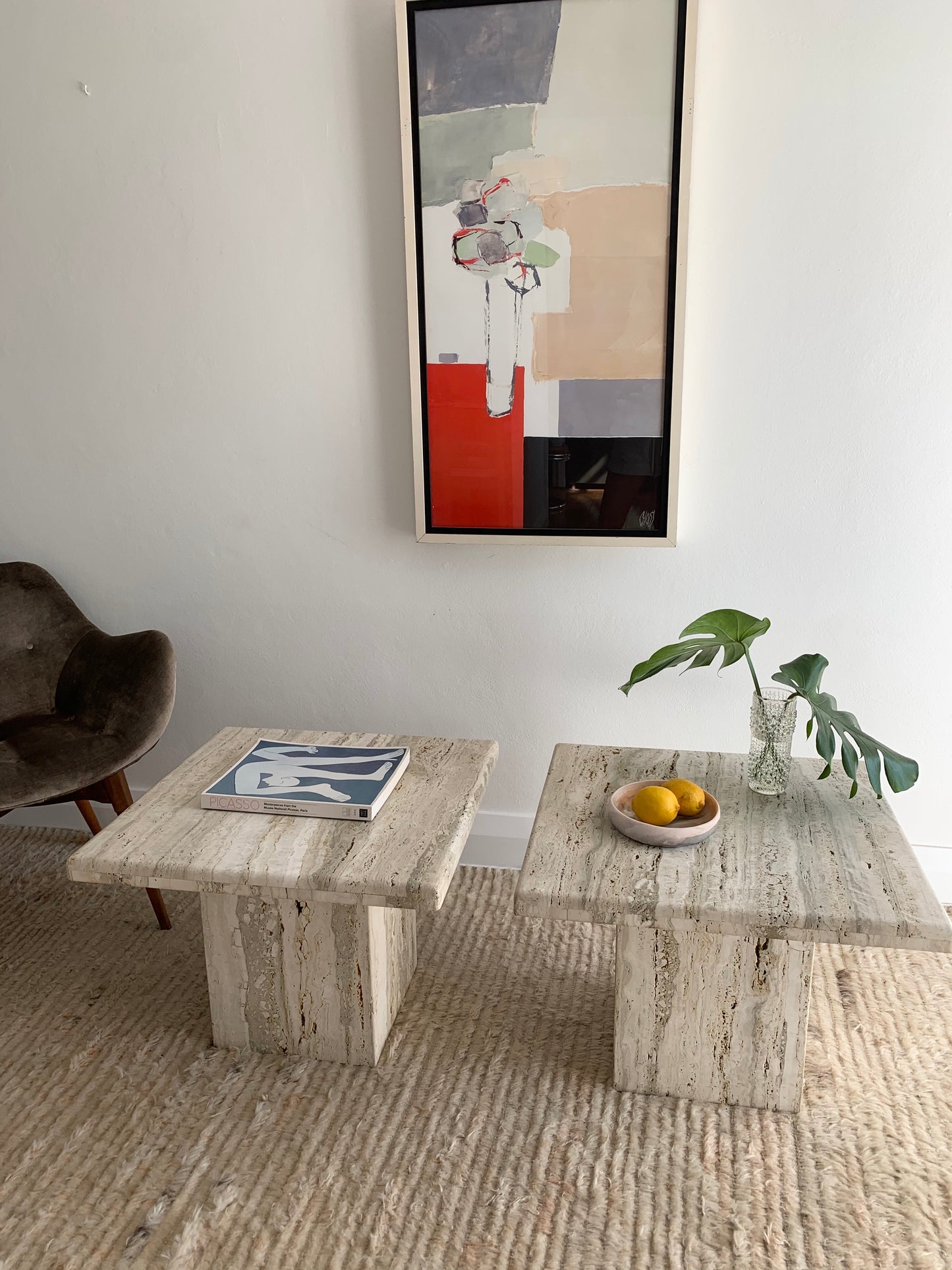 Vintage Unfilled Travertine Side Tables