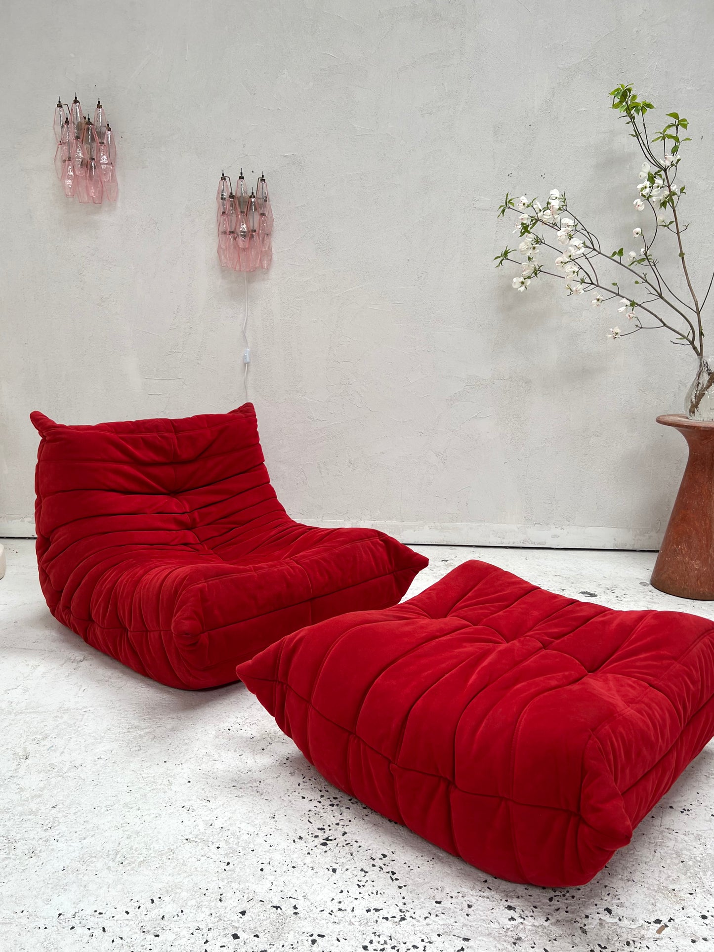 Vintage Ligne Roset Togo Fireside & Ottoman Set - Red Suede