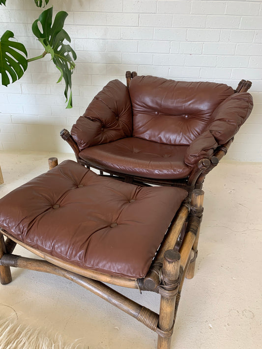 Vintage Cane and Leather Armchair + Ottoman