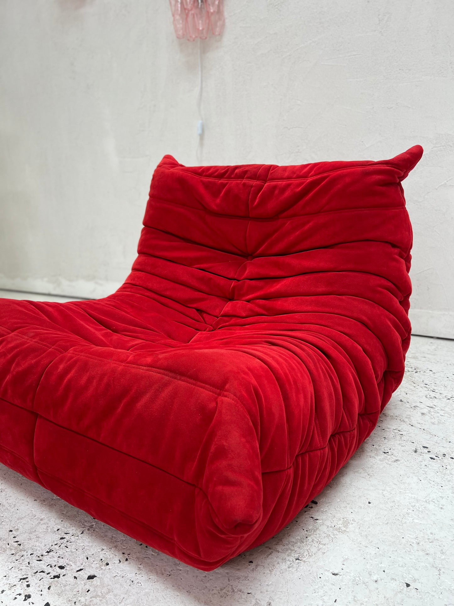 Vintage Ligne Roset Togo Fireside & Ottoman Set - Red Suede
