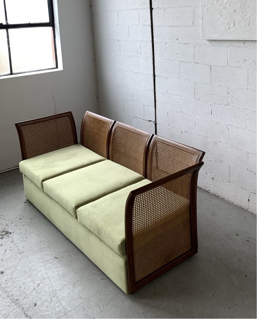 Refurbished Velvet & Rattan Sofa, Circa 1960-70
