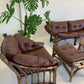 Vintage Cane and Leather Armchair + Ottoman