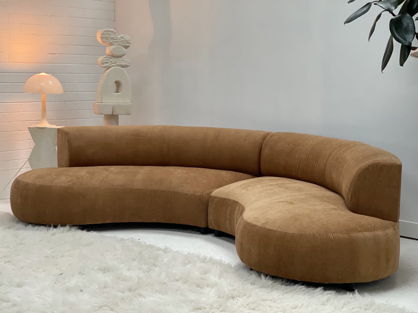 Curved Dark Caramel Chambray Velvet Sofa