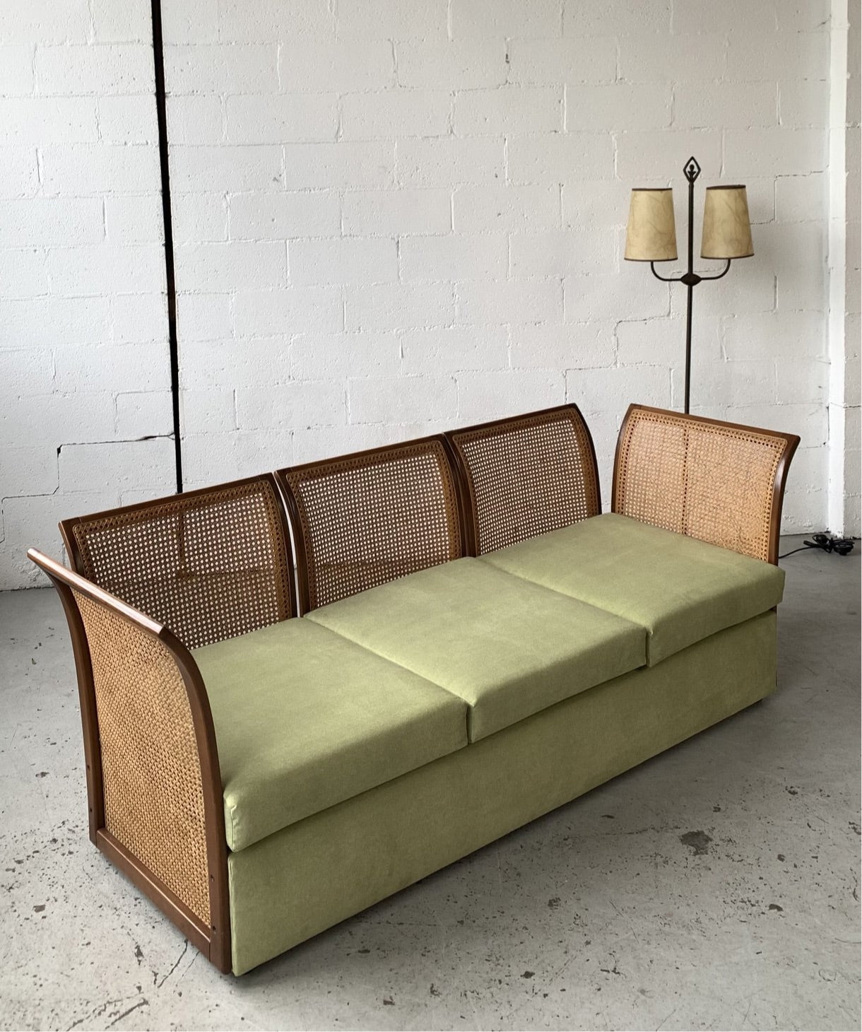 Refurbished Velvet & Rattan Sofa, Circa 1960-70