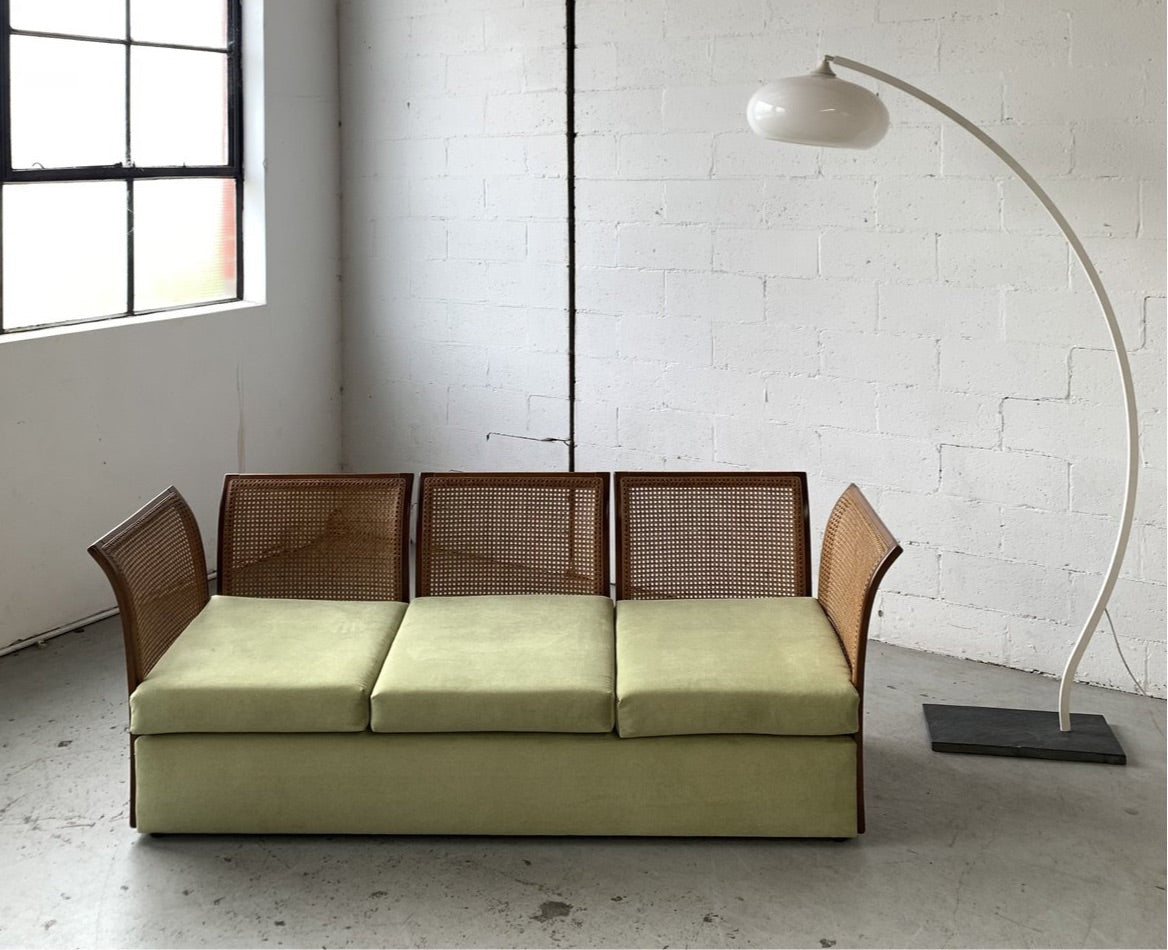 Refurbished Velvet & Rattan Sofa, Circa 1960-70