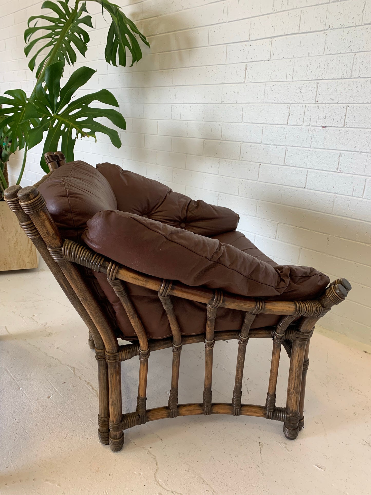 Vintage Cane and Leather Armchair + Ottoman
