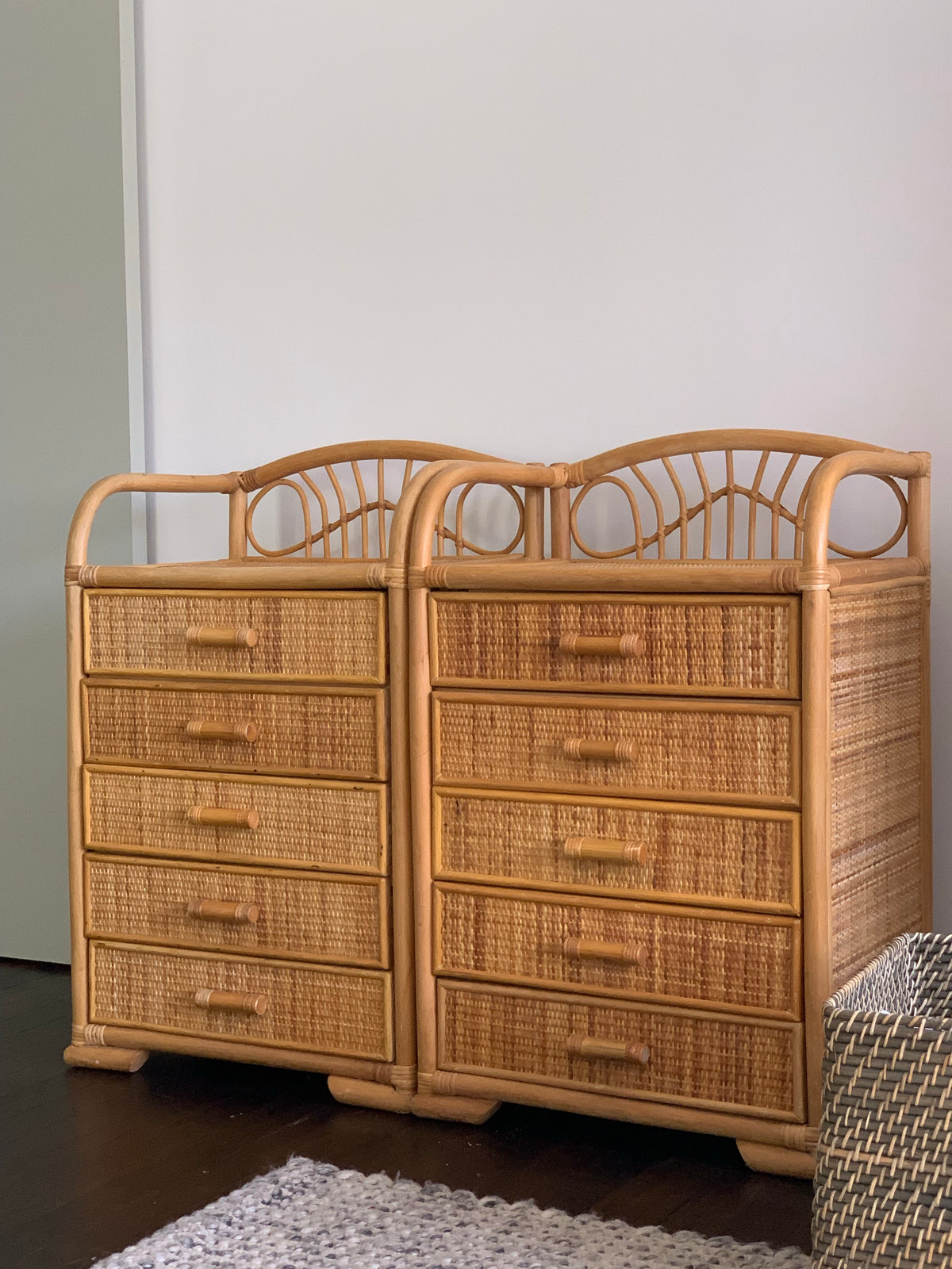 Pair of vintage cane bedside tables