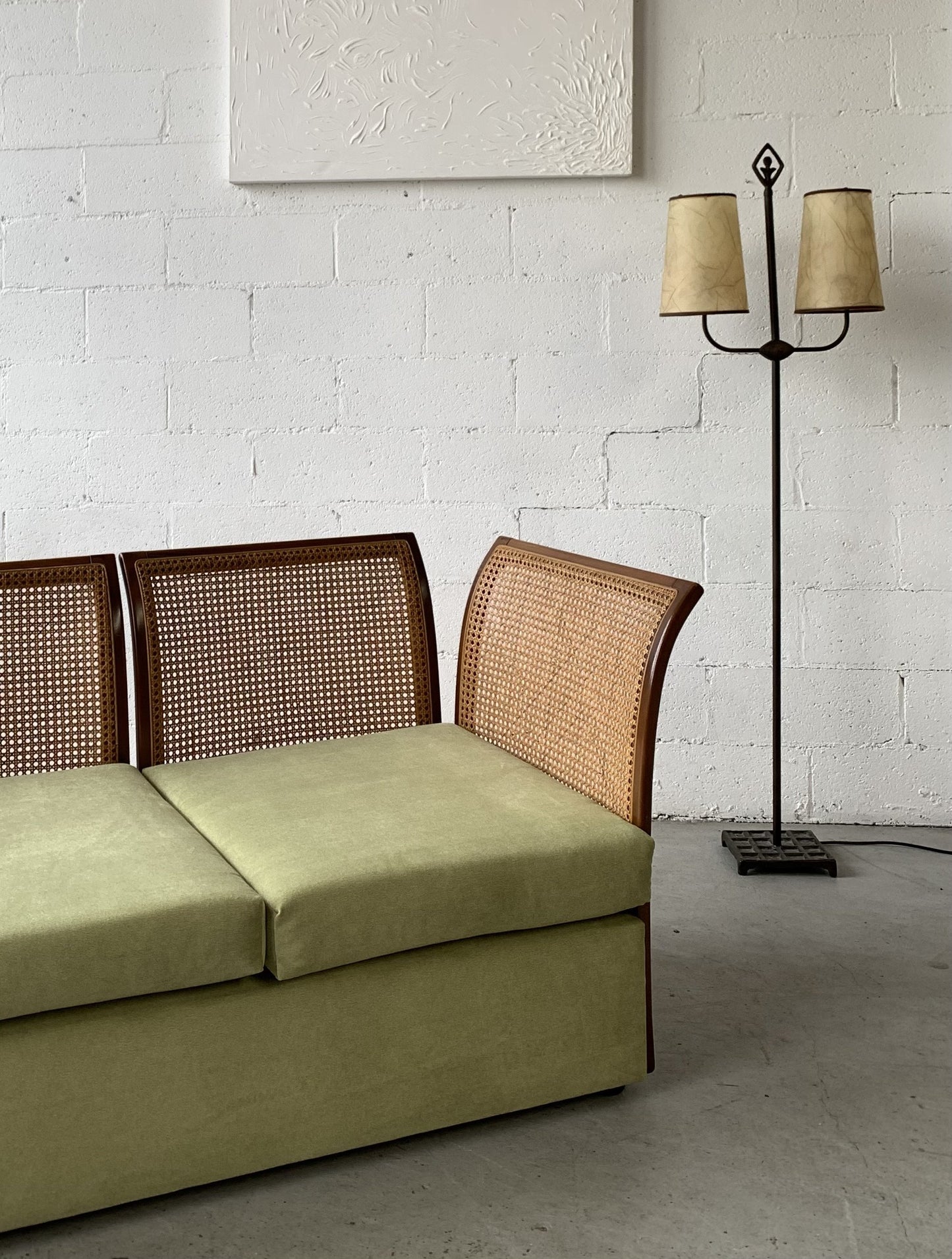 Refurbished Velvet & Rattan Sofa, Circa 1960-70